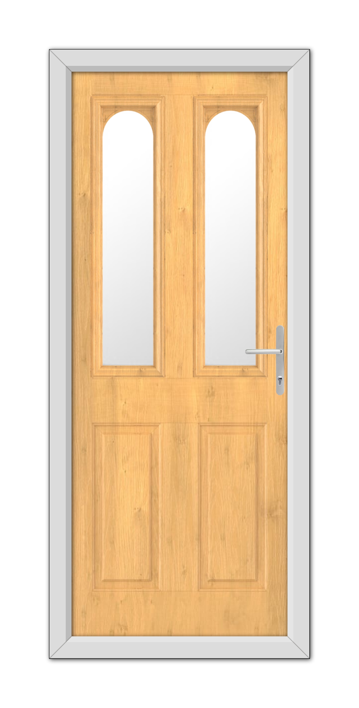 Irish Oak Elmhurst Composite Door 48mm Timber Core with glass panels and a modern handle, set within a gray frame, isolated on a white background.