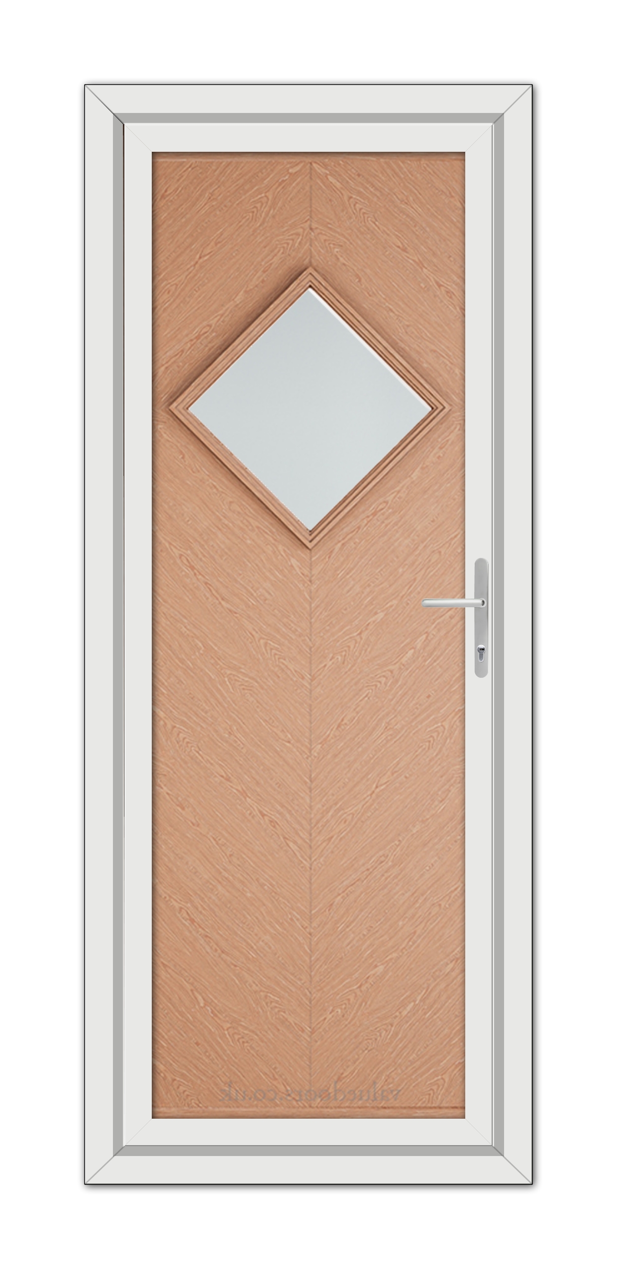 A modern Irish Oak Hamburg uPVC door with a diamond-shaped window, framed in white with a metal handle on the right side.
