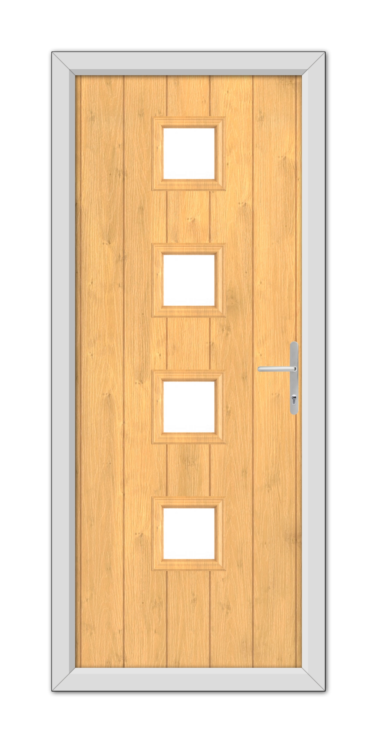 An Irish Oak Hamilton Composite Door 48mm Timber Core with a metal frame, featuring four rectangular windows and a modern handle, isolated on a white background.