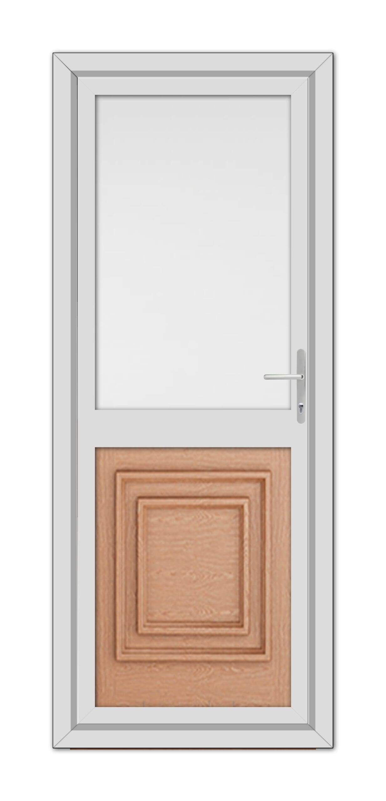 A contemporary door featuring a white frame, top glass panel, and a lower wooden panel with a geometric pattern, equipped with a modern handle. - Irish Oak Hannover Half uPVC Back Door