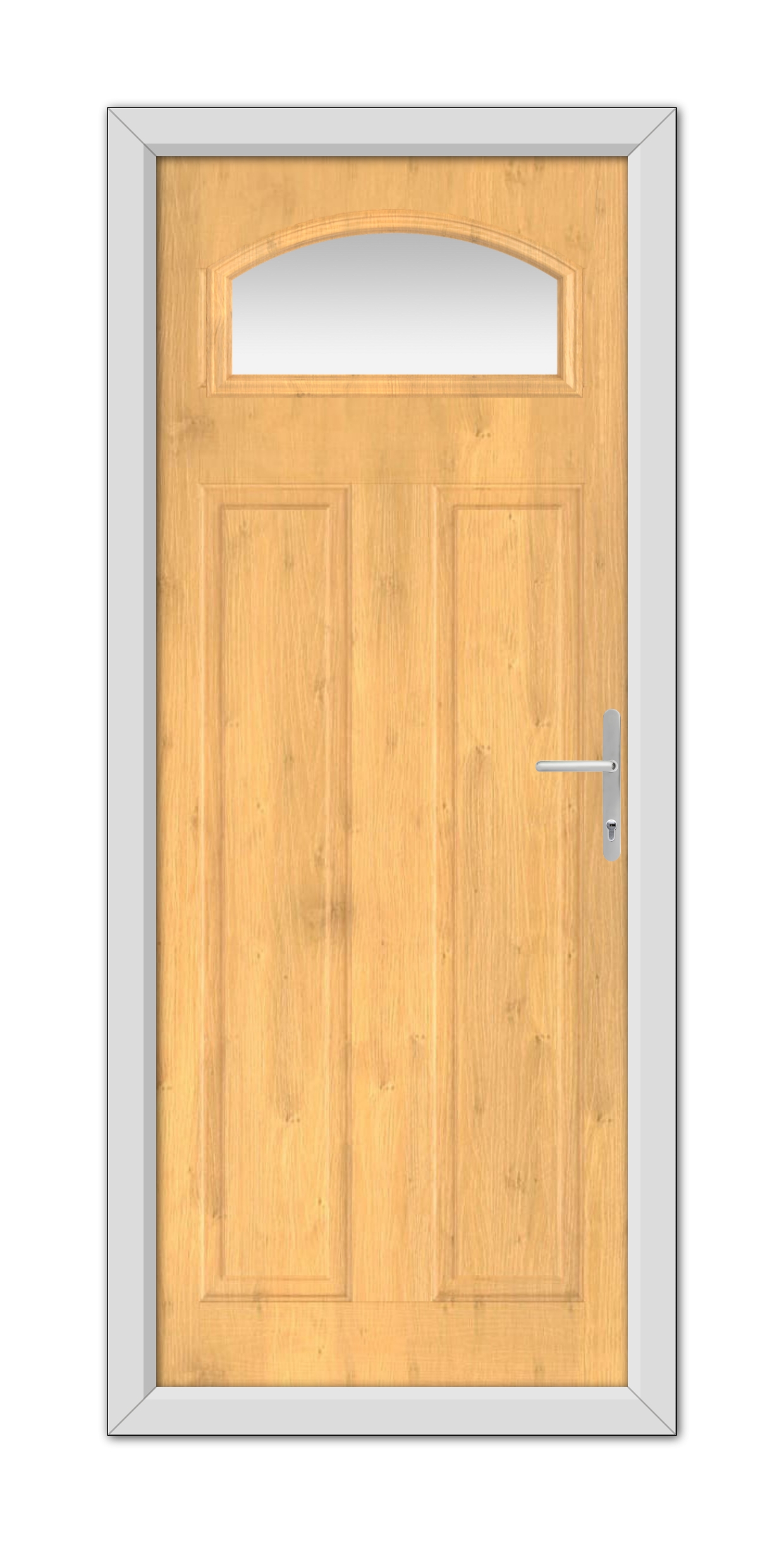 An Irish Oak Harlington Composite Door 48mm Timber Core with a semicircular window at the top, framed in white, with a metal handle on the right side.