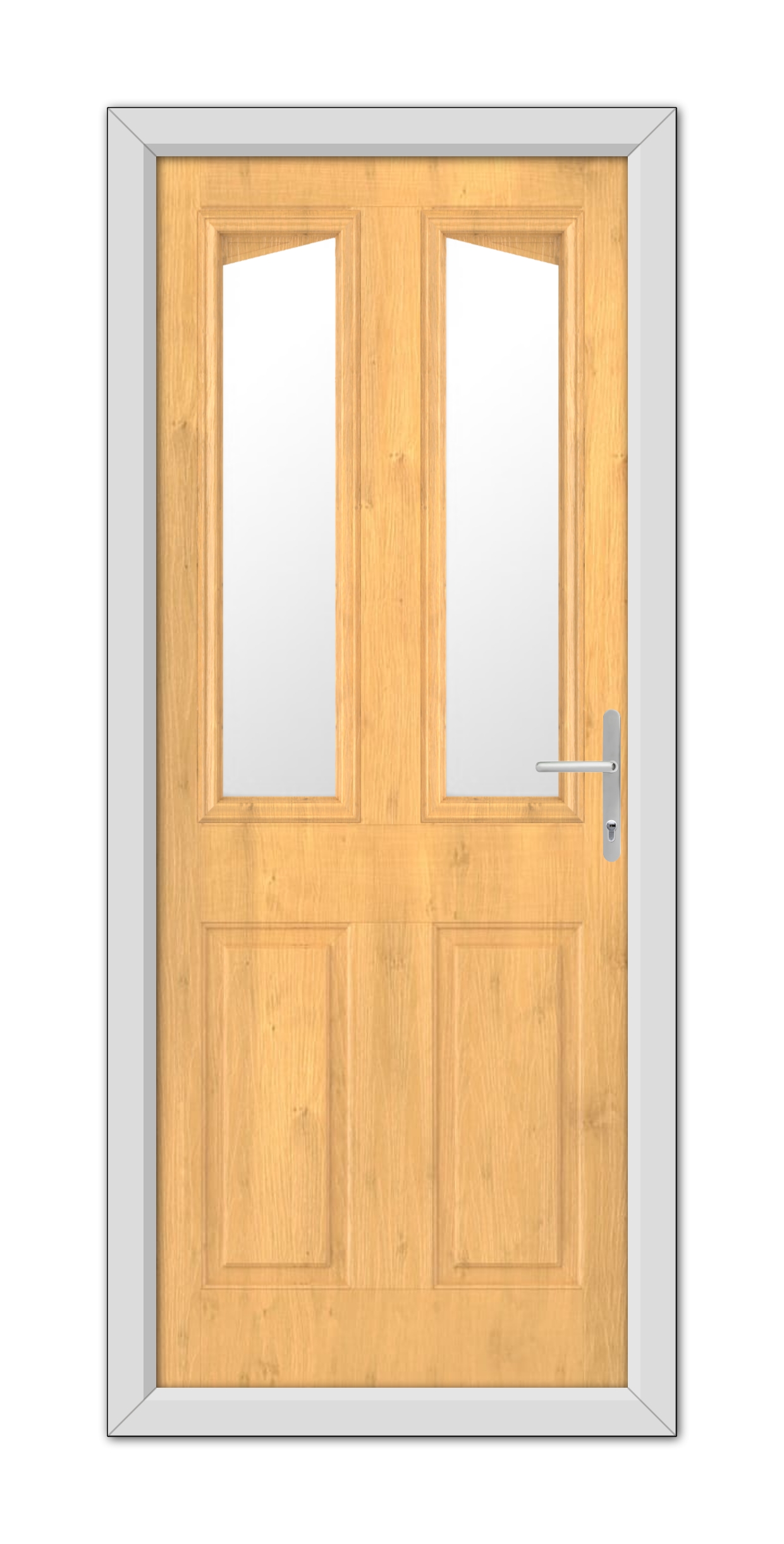 A Irish Oak Highbury Composite Door 48mm Timber Core with glass panels and a modern handle, set within a gray frame, isolated on a white background.