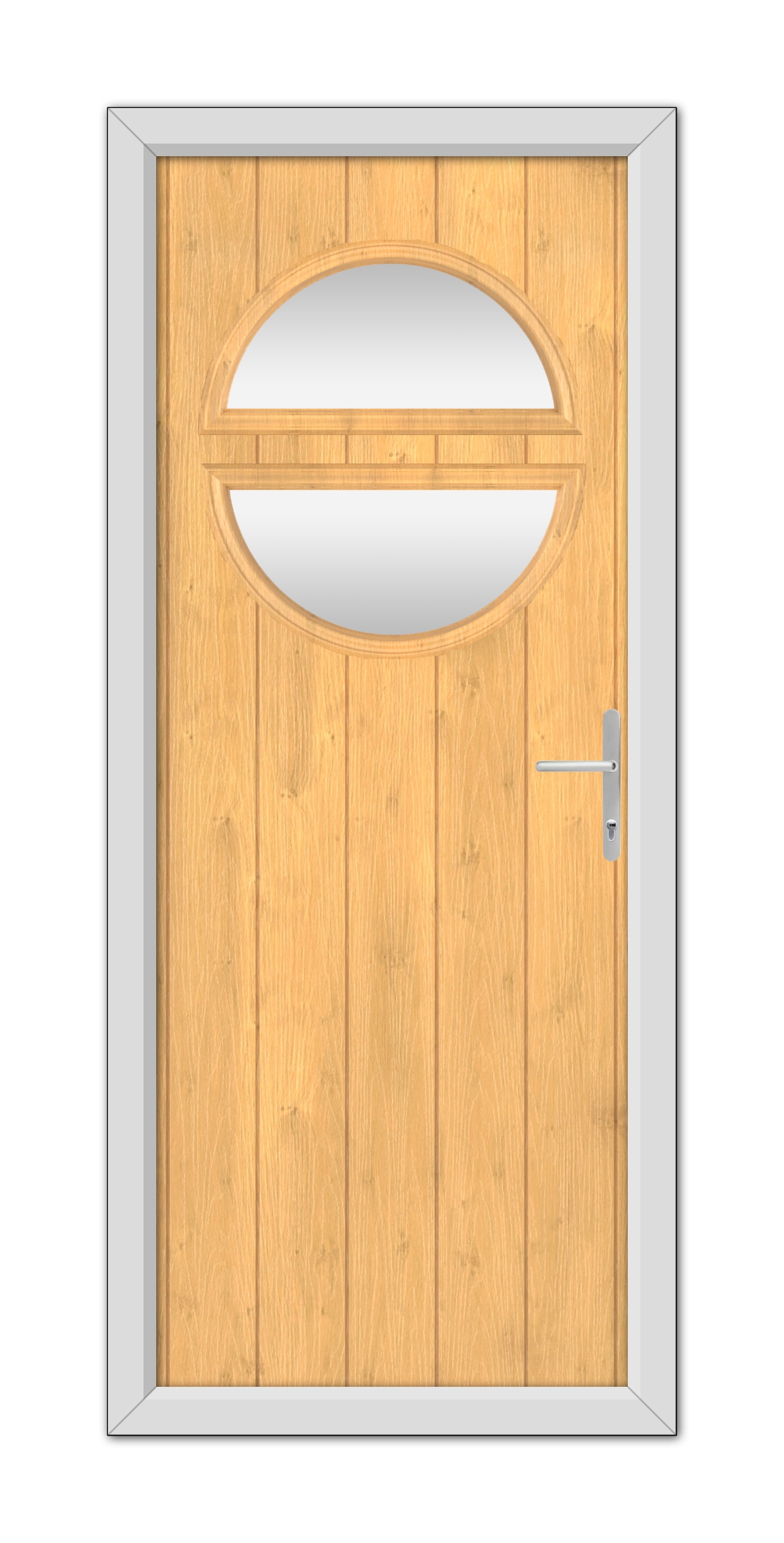 Irish Oak Kent Composite Door 48mm Timber Core with an oval glass window and a metallic handle, framed by a gray border, isolated on a white background.