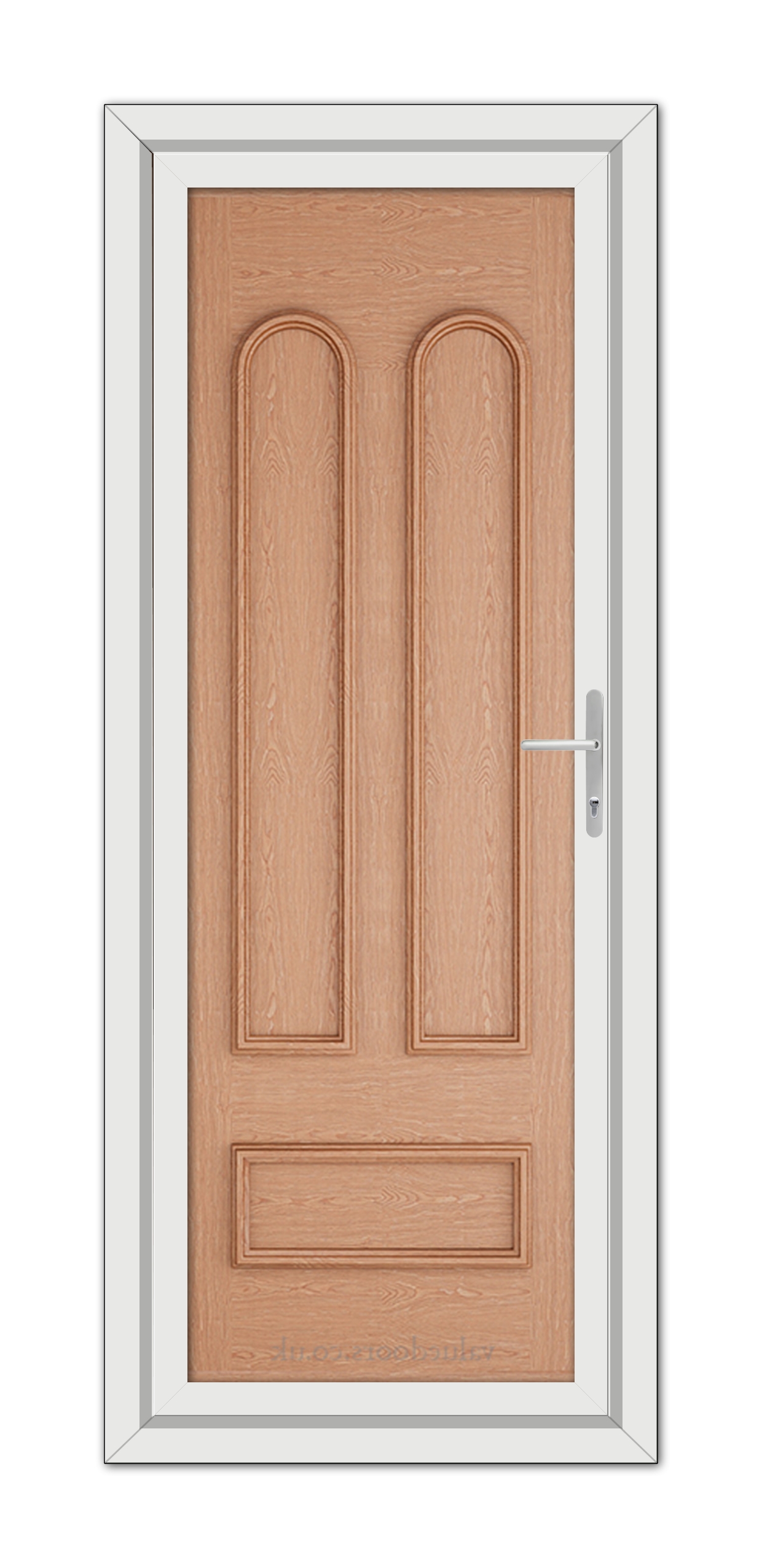 An Irish Oak Madrid Solid uPVC Door with a vertical handle, set within a white frame, viewed frontally.