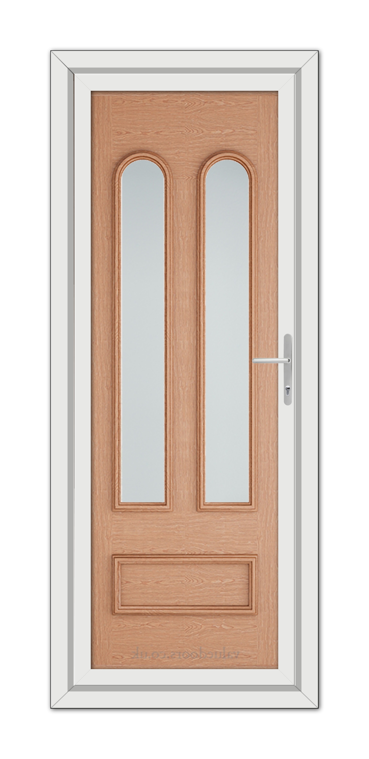 Irish Oak Madrid uPVC door with a white frame, featuring two vertical glass panels and a metal handle.