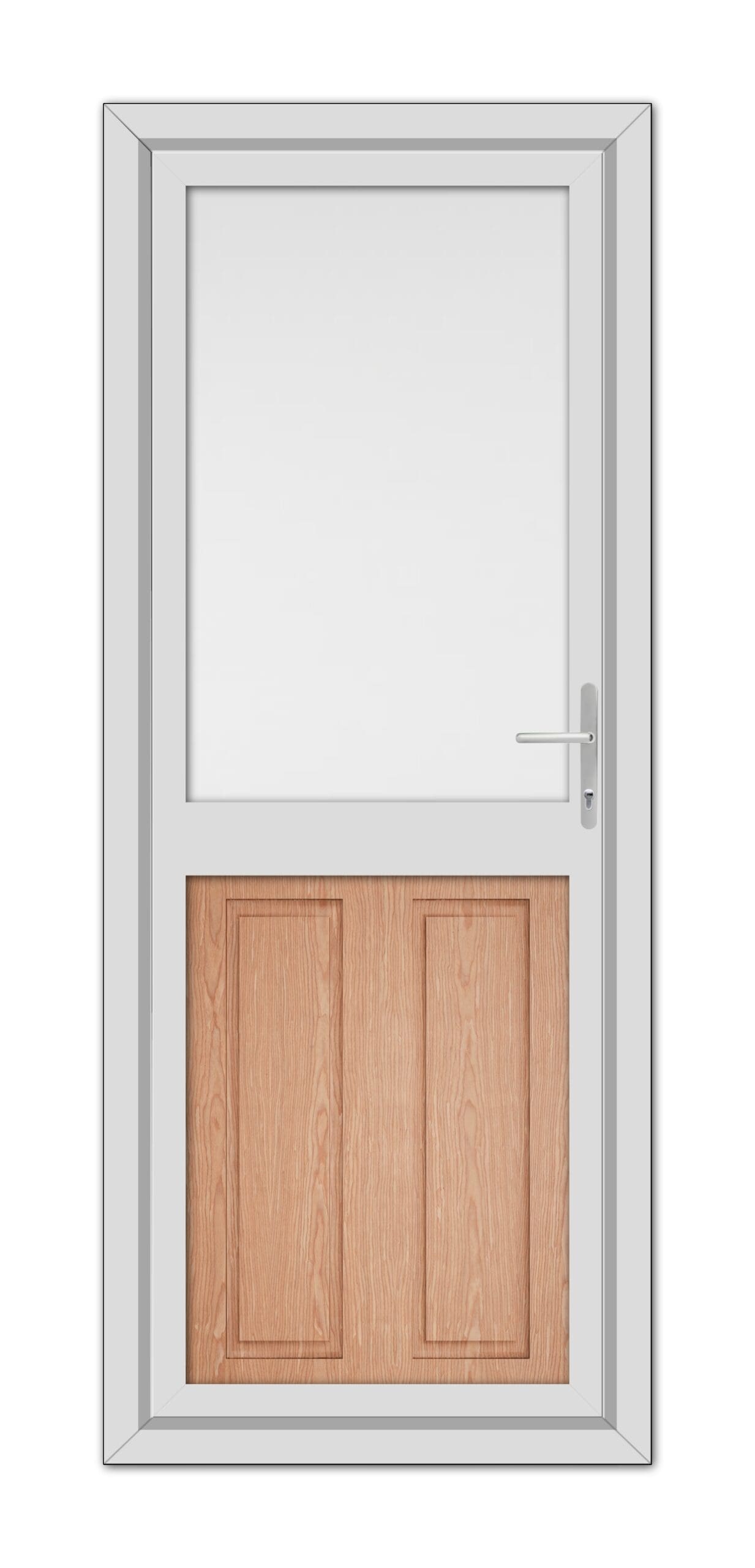 A modern Irish Oak Manor Half uPVC Back Door featuring a white frame with a top glass panel and lower wooden panels, complete with a metallic handle.