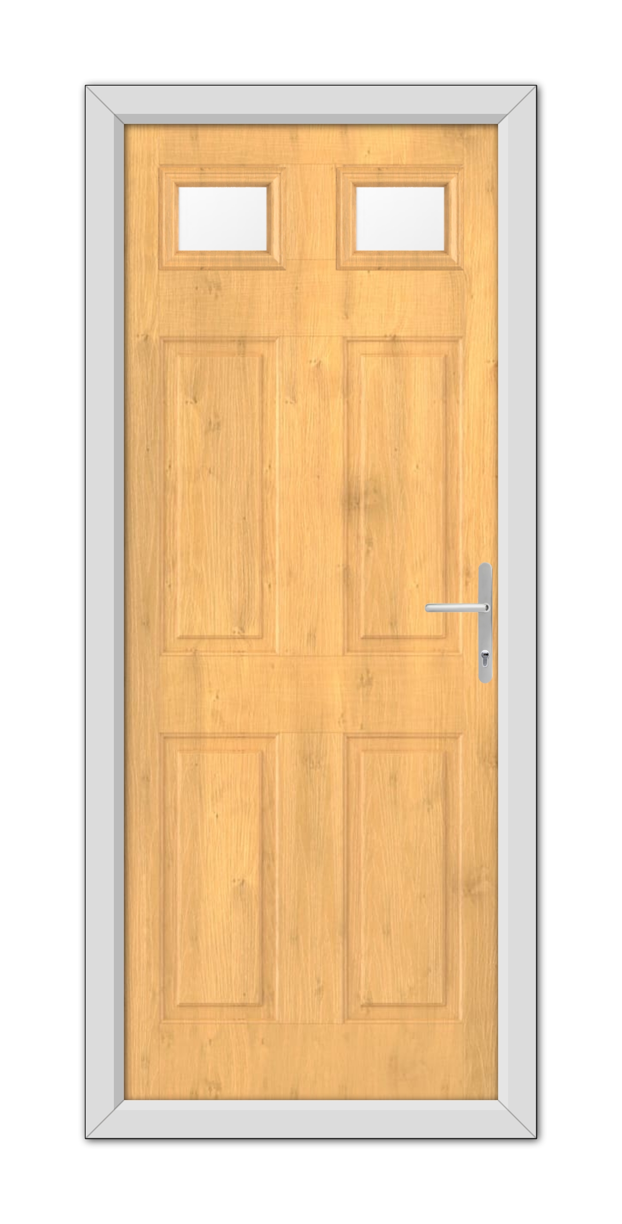 Irish Oak Middleton Glazed 2 Composite Door with a metal handle and two rectangular windows, framed by a gray casing, viewed straight on.