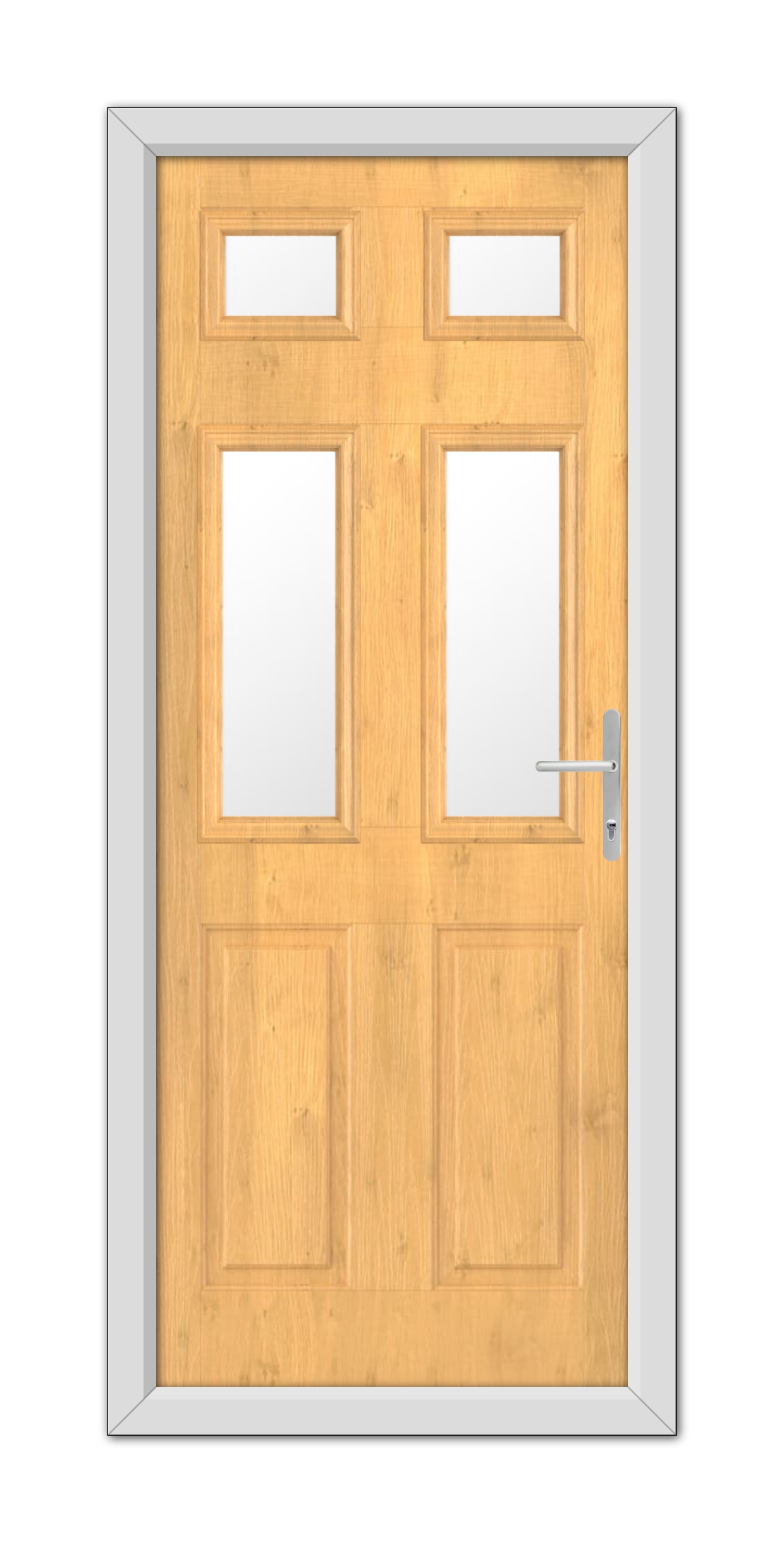 A Irish Oak Middleton Glazed 4 Composite Door 48mm Timber Core with glass panels, a metal handle, and a frame, isolated on a white background.