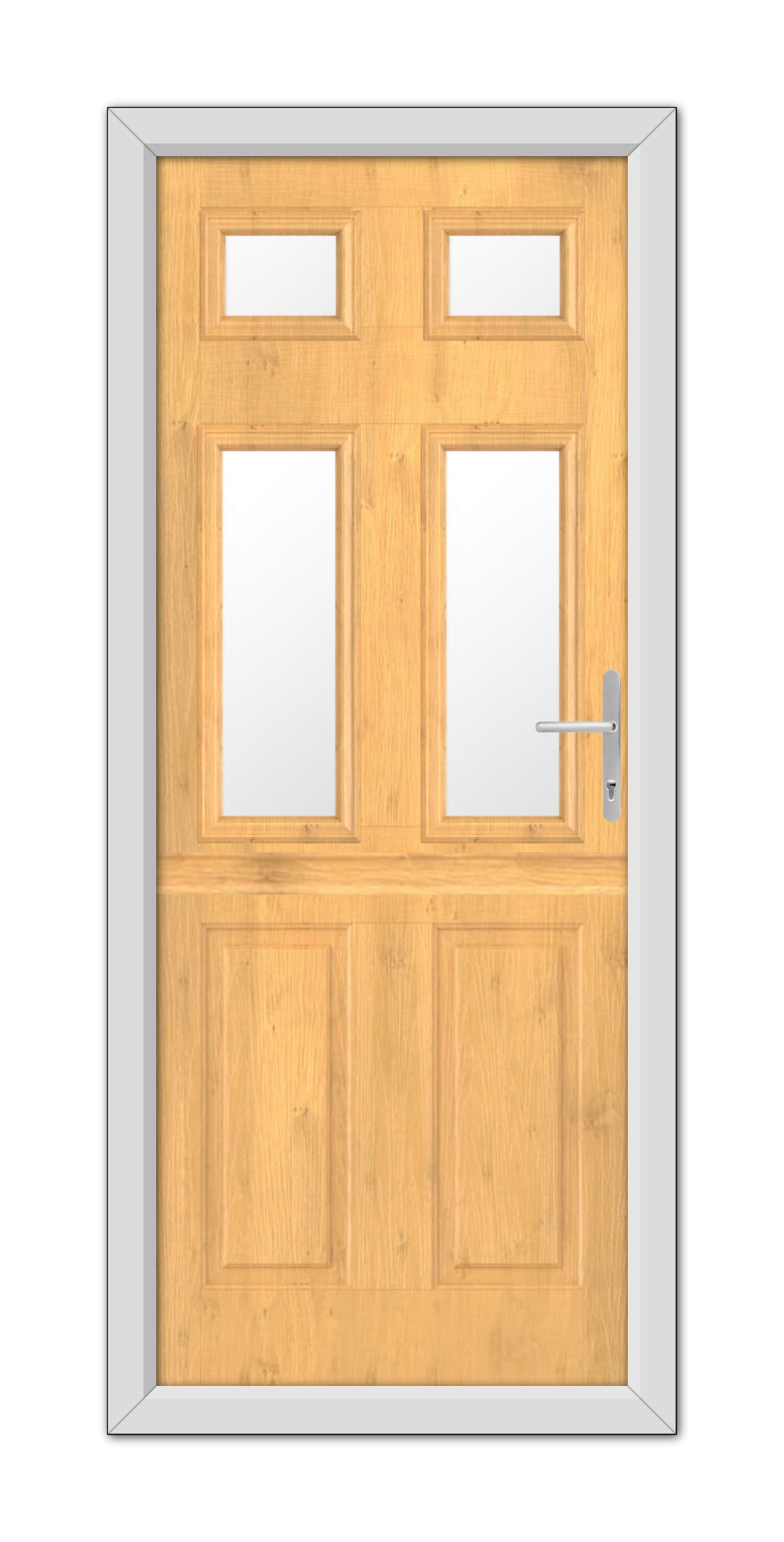 Irish Oak Middleton Glazed 4 Stable Composite Door 48mm Timber Core with glass panels and a silver handle, set within a grey frame.
