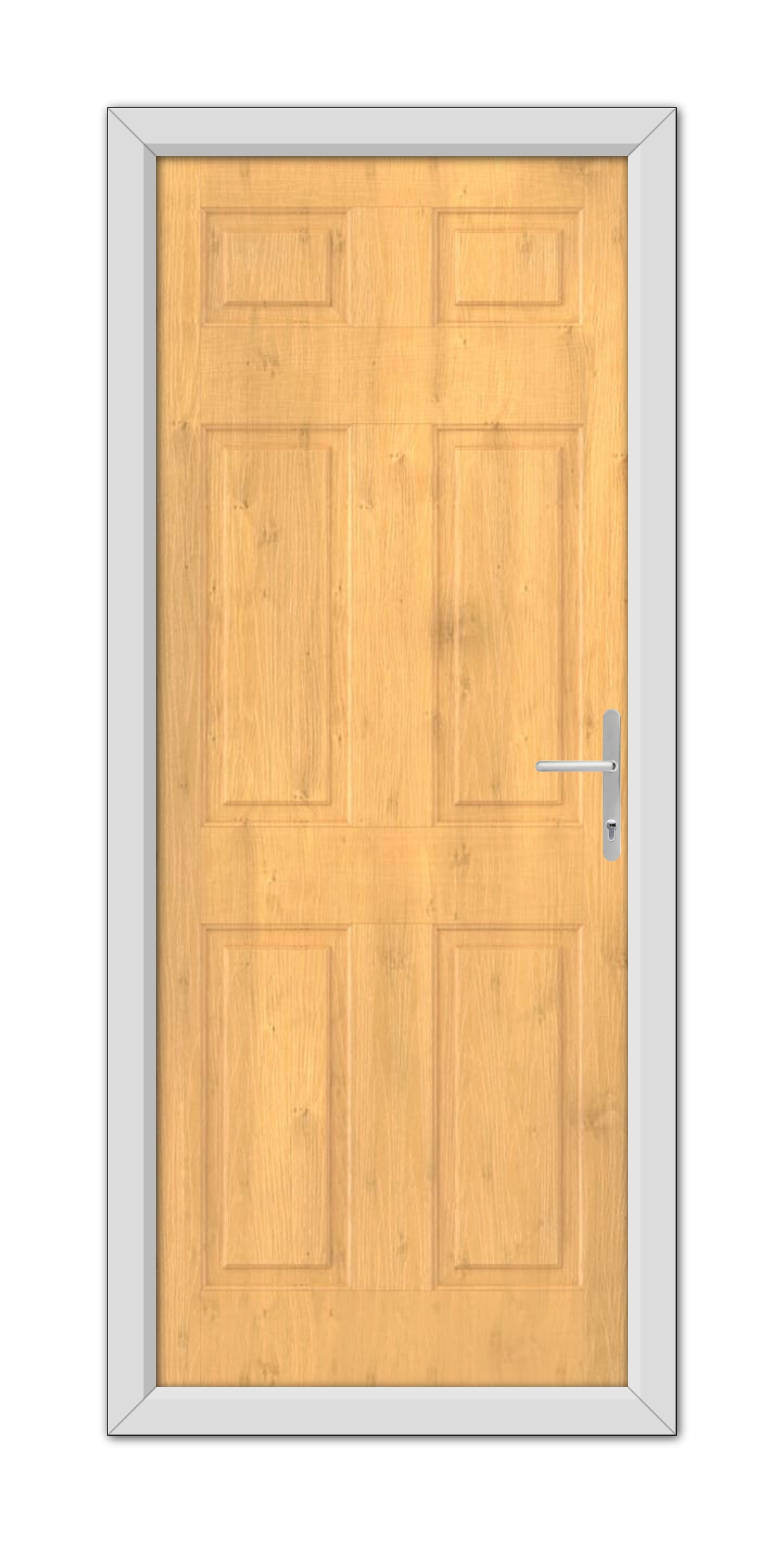 An Irish Oak Middleton Solid Composite Door 48mm Timber Core with a metal handle, set in a gray frame, displayed frontally.