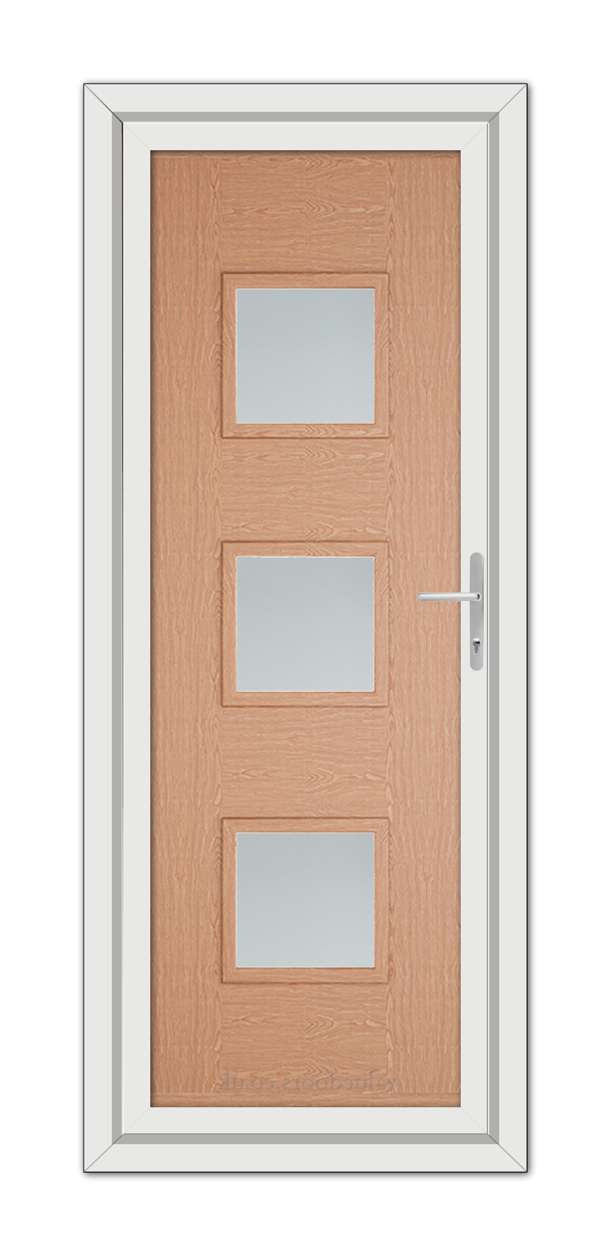 An Irish Oak Modern 5013 uPVC door with three vertical frosted glass panels, set within a white frame, featuring a silver handle on the right.