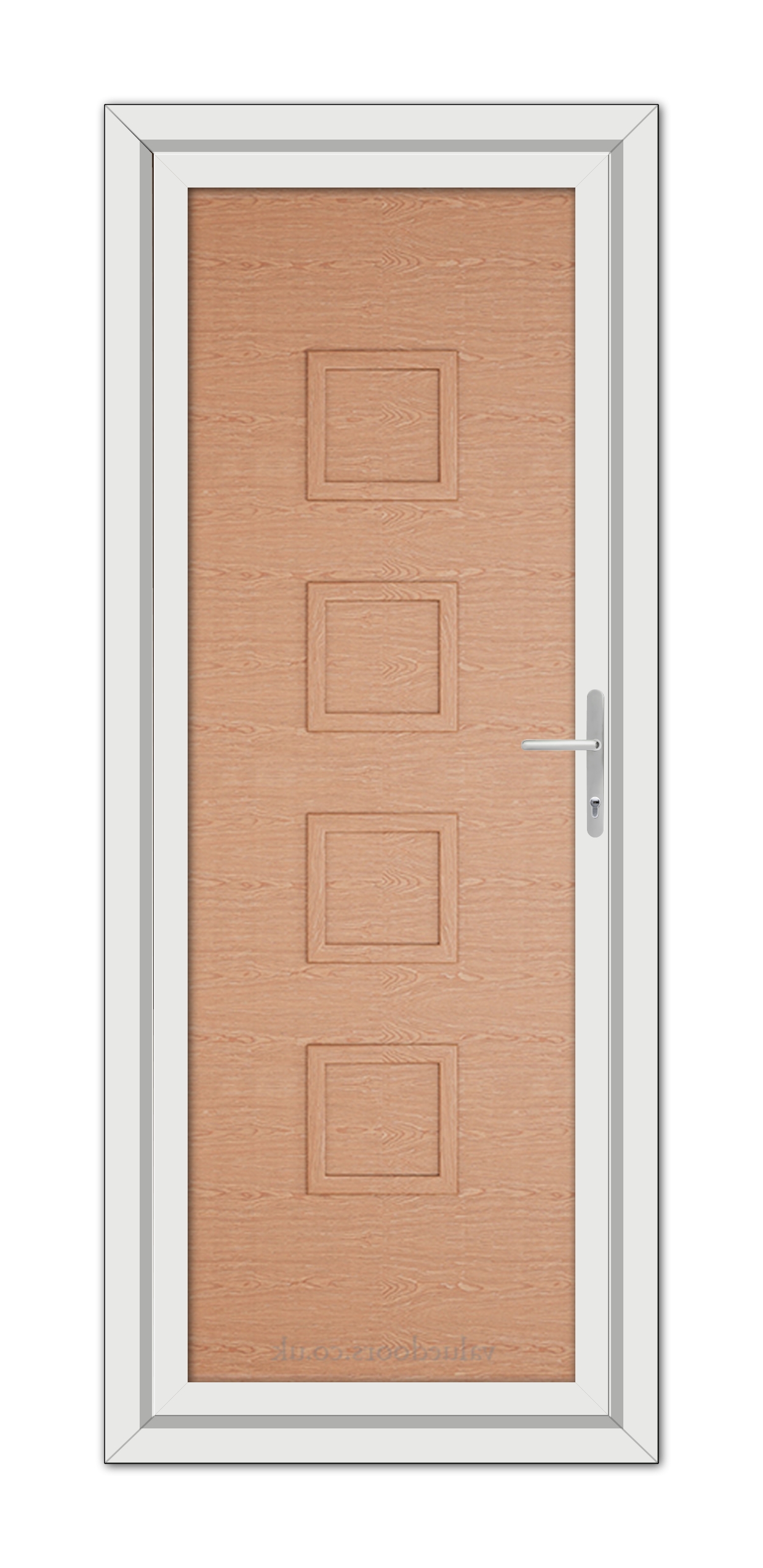 A vertical image of a Irish Oak Modern 5034 Solid uPVC door with a wooden finish and four rectangular panels, framed in white with a metal handle on the right.