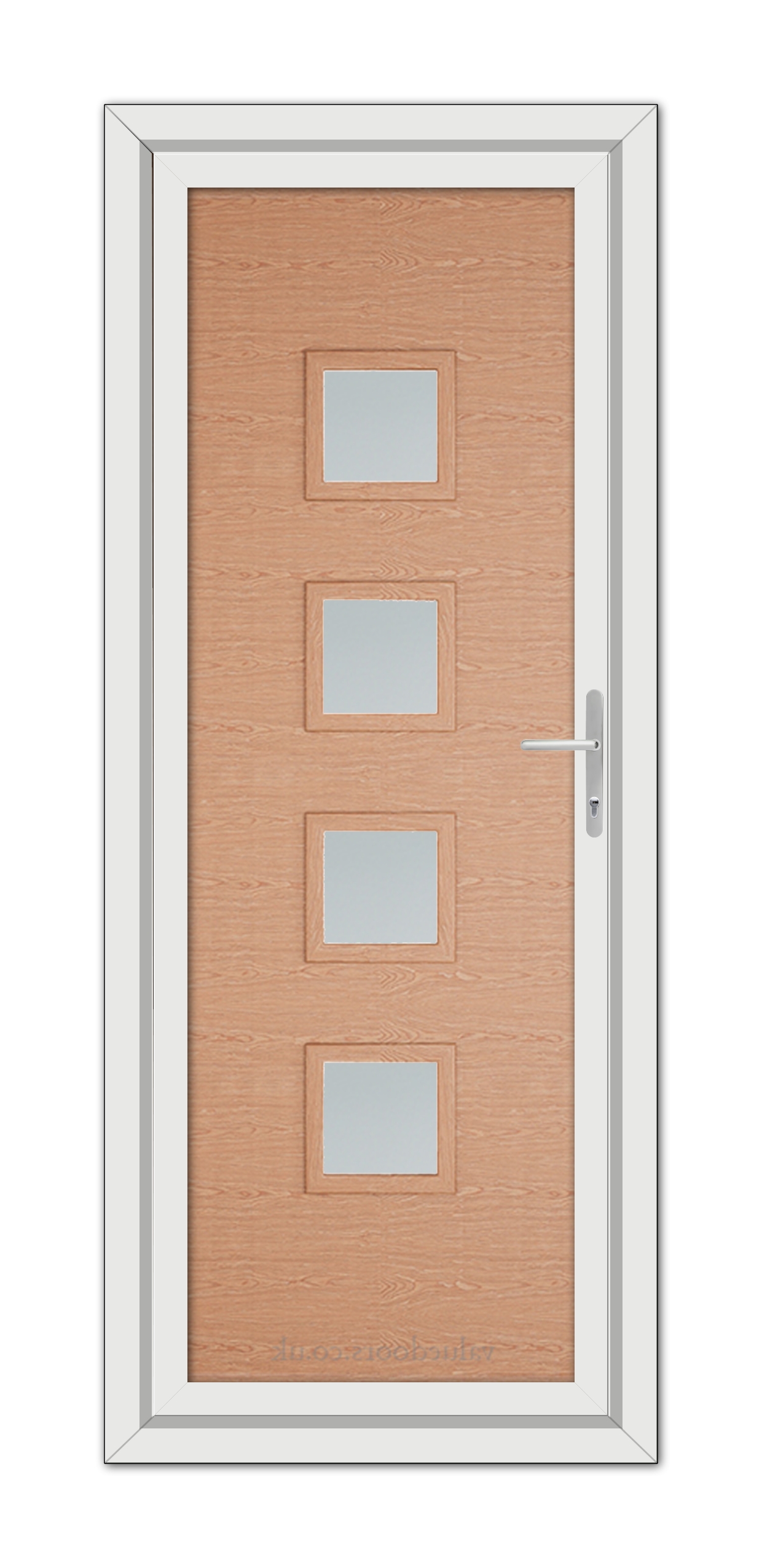 A Irish Oak Modern 5034 uPVC door with four square glass panels and a metallic handle, framed in white.