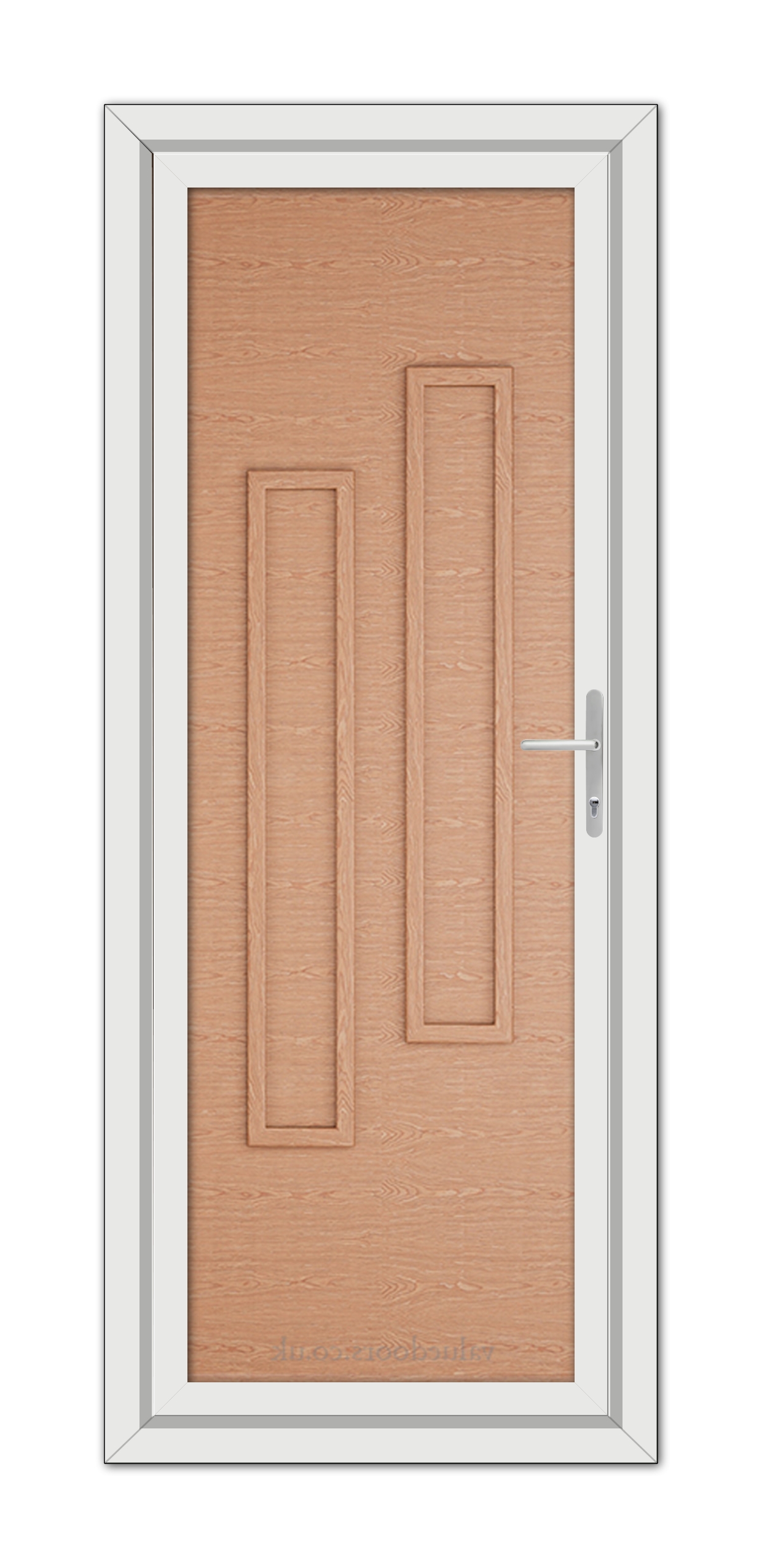 A Irish Oak Modern 5082 Solid uPVC door with a metal handle, presented in a white frame, viewed head-on.