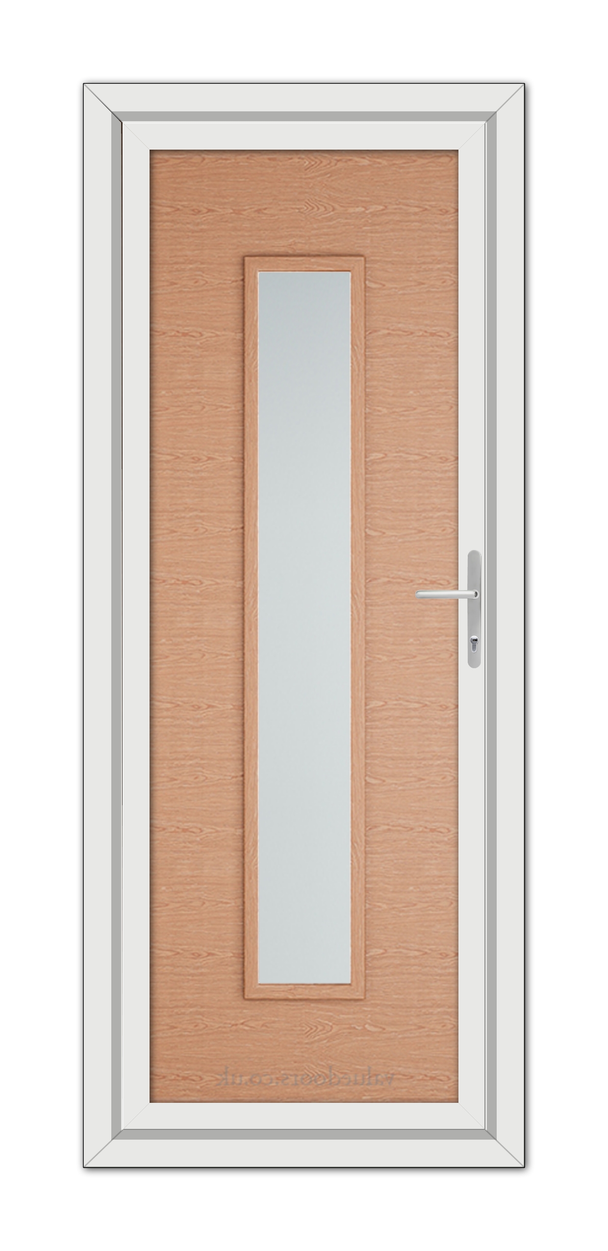 Irish Oak Modern 5101 uPVC Door with a vertical glass pane, framed in white, featuring a metallic handle on the right side.
