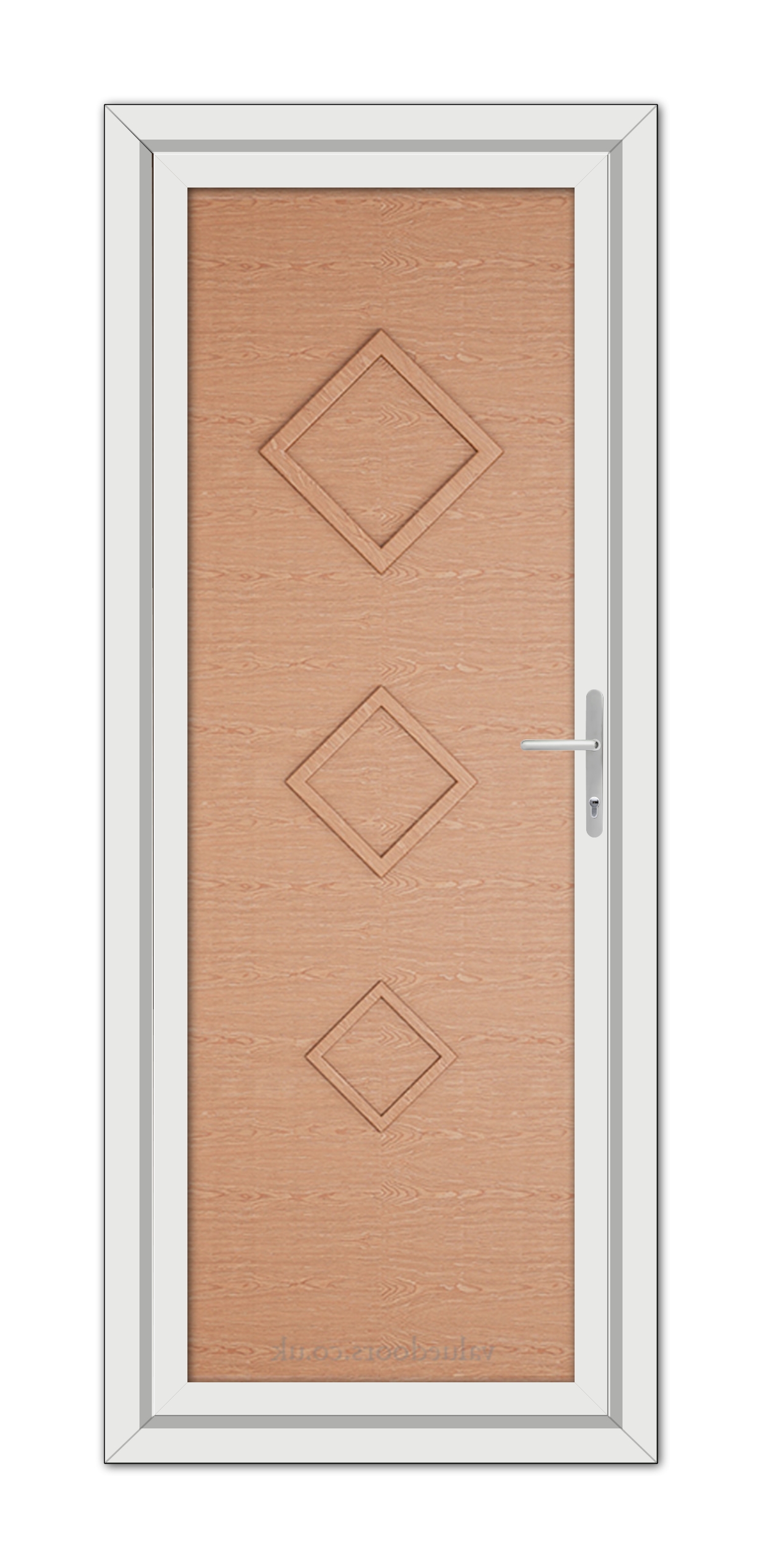 A vertical image of an Irish Oak Modern 5123 Solid uPVC Door with a white frame, featuring three diamond-shaped panels and a metal handle on the right side.