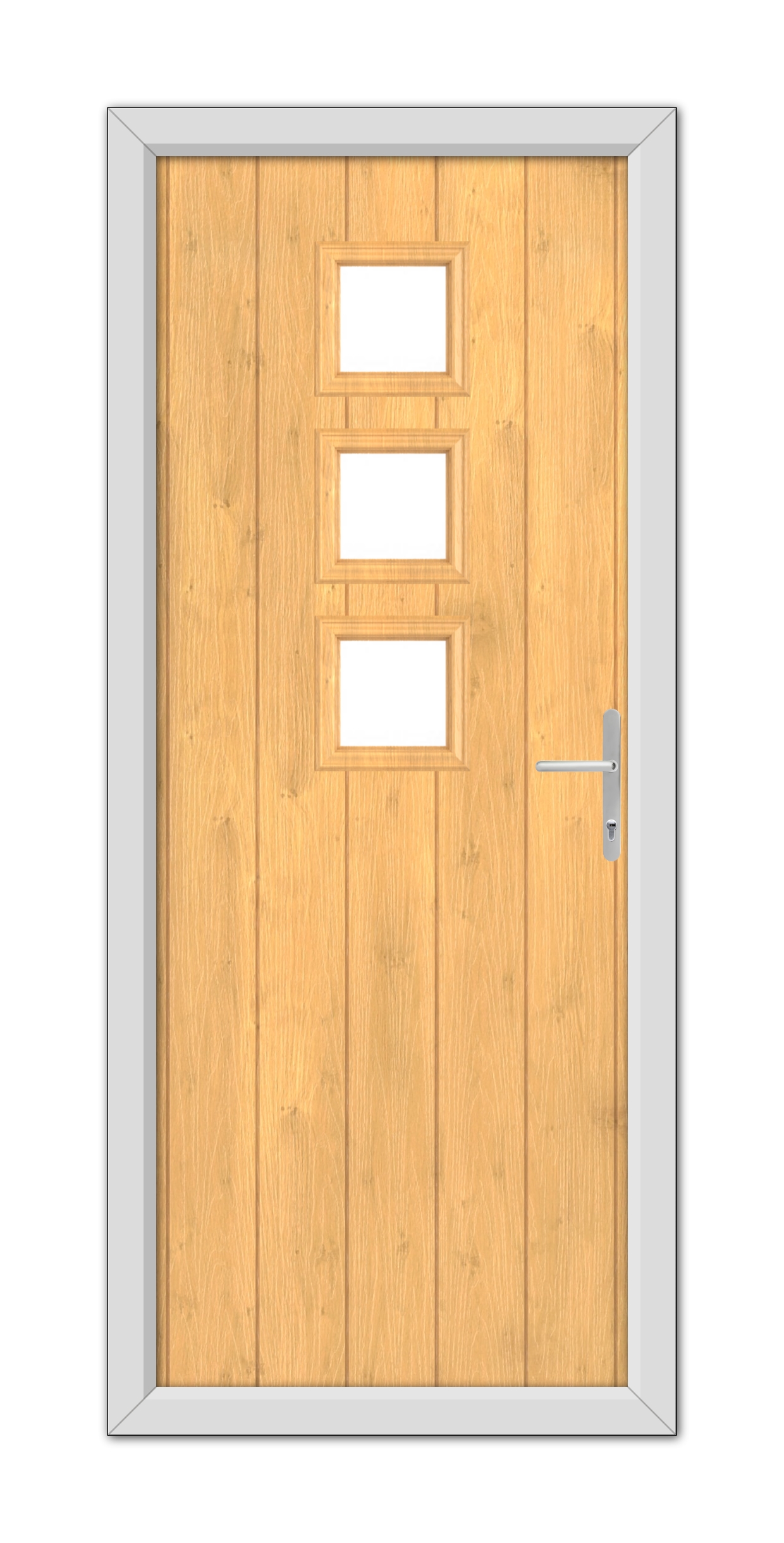 A modern "Irish Oak Montrose Composite Door 48mm Timber Core" with three small square windows and a metal handle, set within a grey frame.