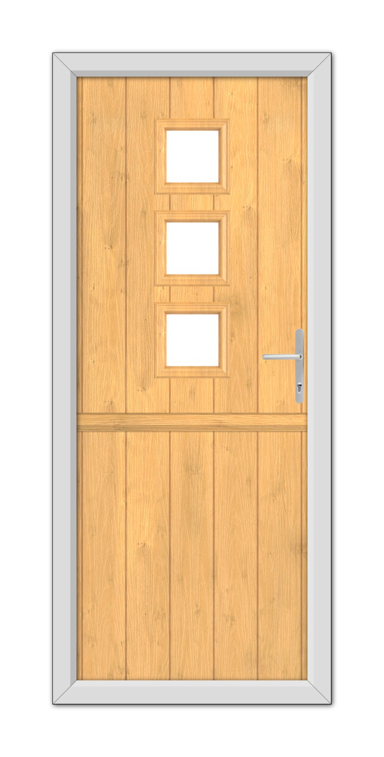 A modern Irish Oak Montrose Stable Composite Door 48mm Timber Core with four rectangular windows and a metal handle, framed within a silver metal doorframe, isolated on a white background.
