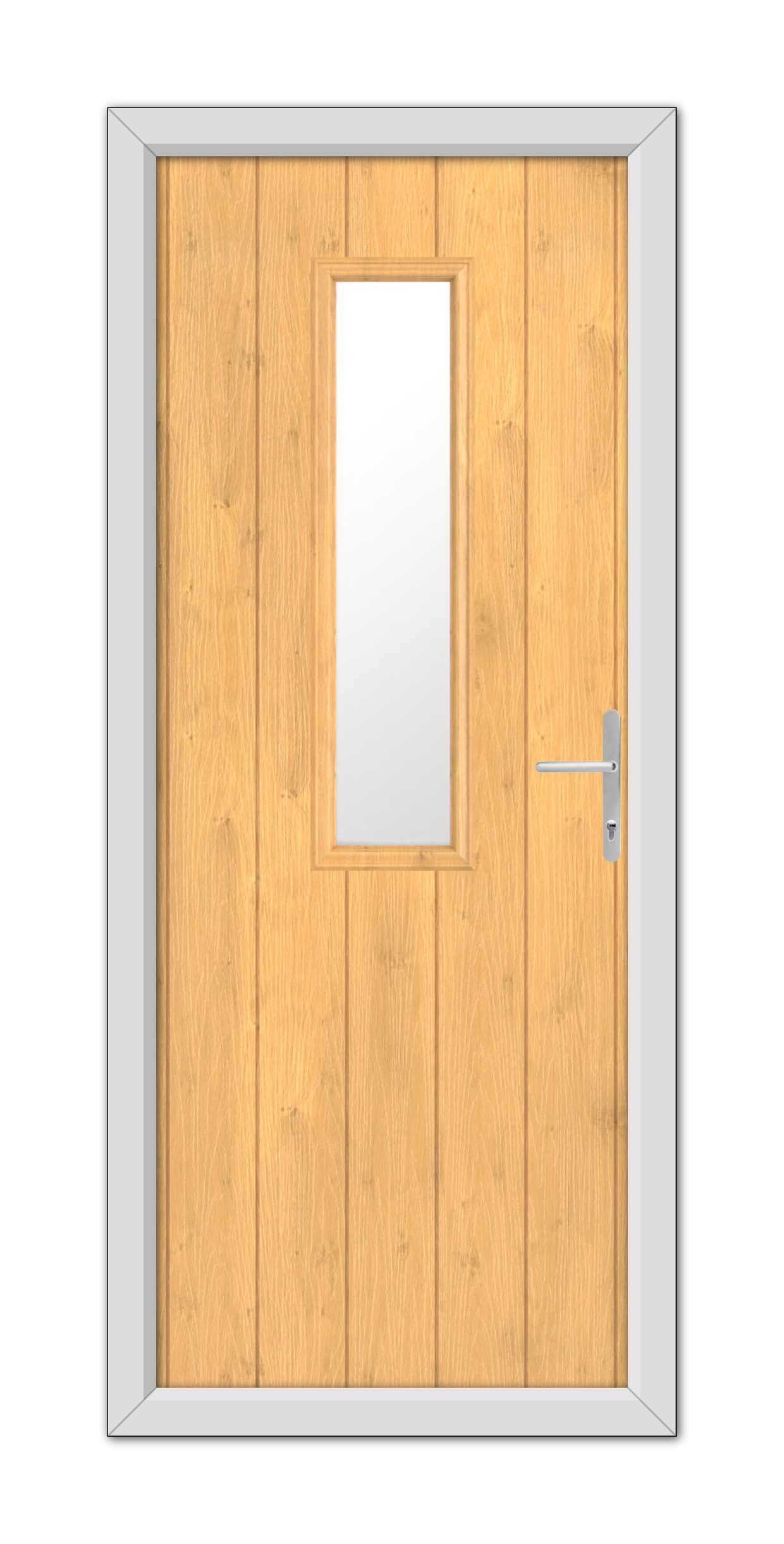 A Irish Oak Mowbray Composite Door 48mm Timber Core with a vertical rectangular window, framed in metal with a simple handle on the right side.