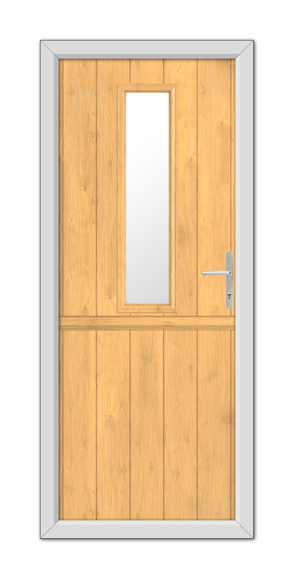 A Irish Oak Mowbray Stable Composite Door 48mm Timber Core with a small rectangular window and a metal handle, framed by a gray border, viewed head-on.