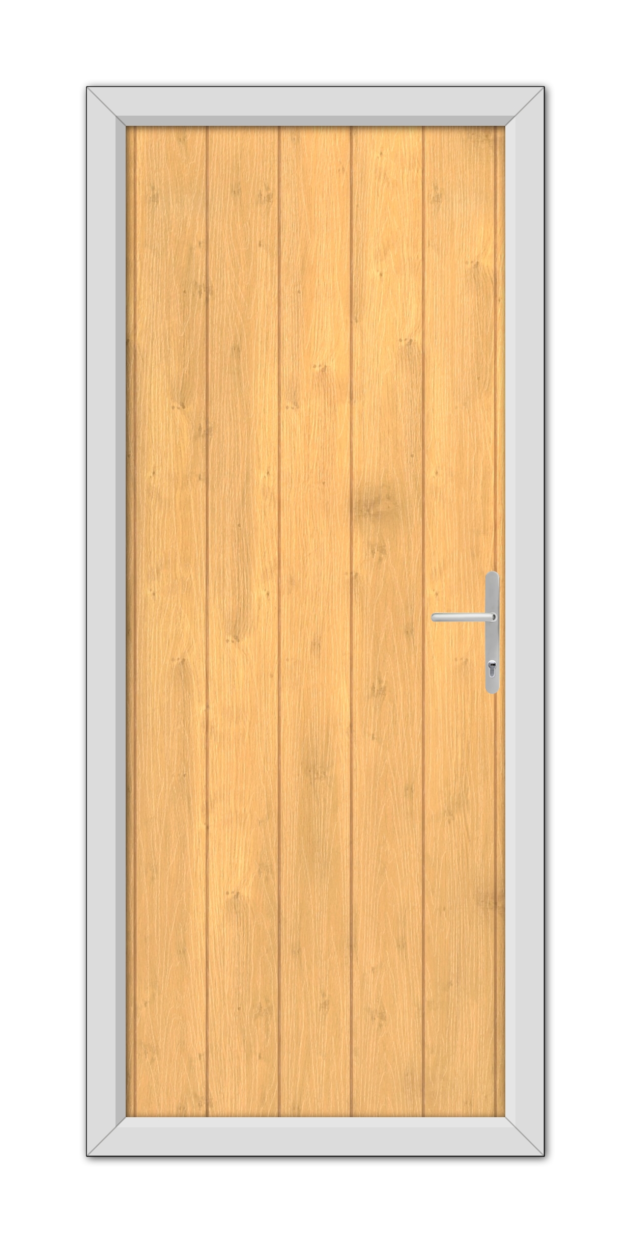 An Irish Oak Norfolk Solid Composite Door 48mm Timber Core with a silver handle, framed by a gray metal door frame, viewed from the front.
