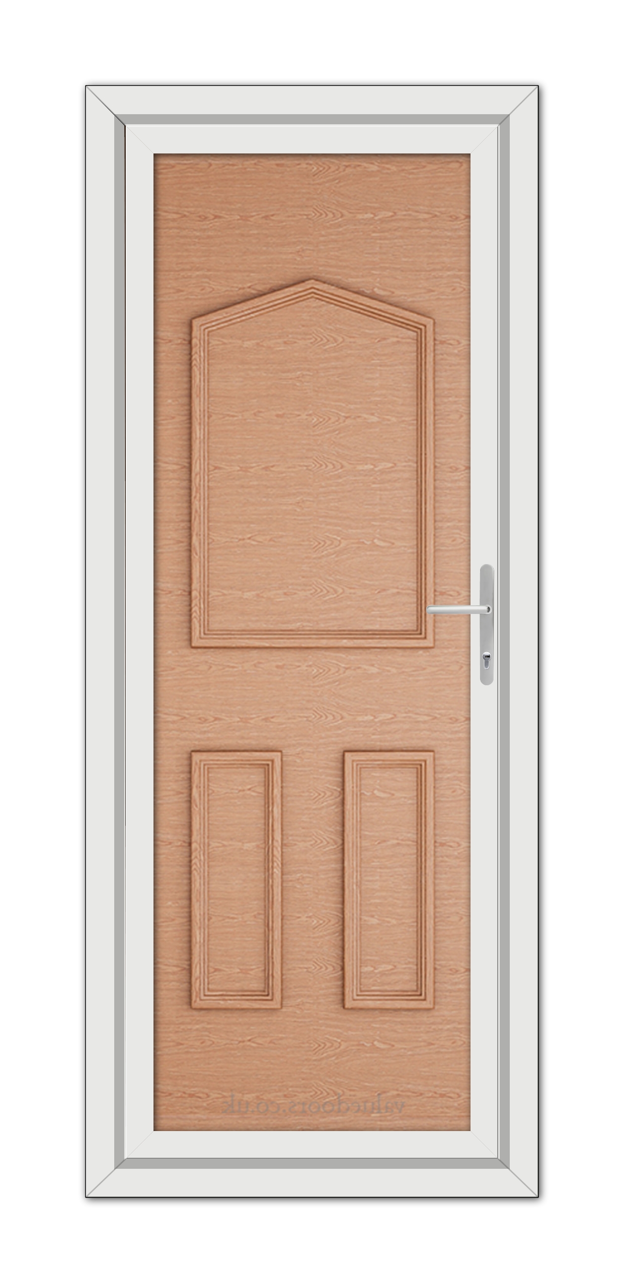 A Irish Oak Oxford Solid uPVC door with a metallic handle, framed by a white door frame, viewed from the front.