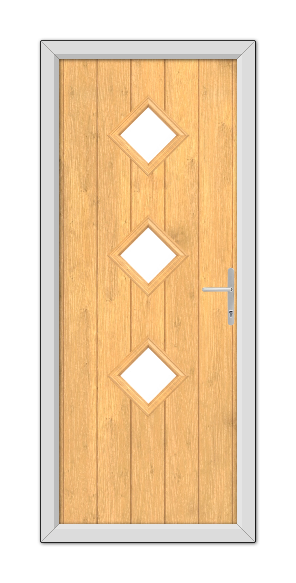 A modern Irish Oak Richmond Composite Door 48mm Timber Core featuring three diamond-shaped glass panels and a silver handle, set within a grey frame.