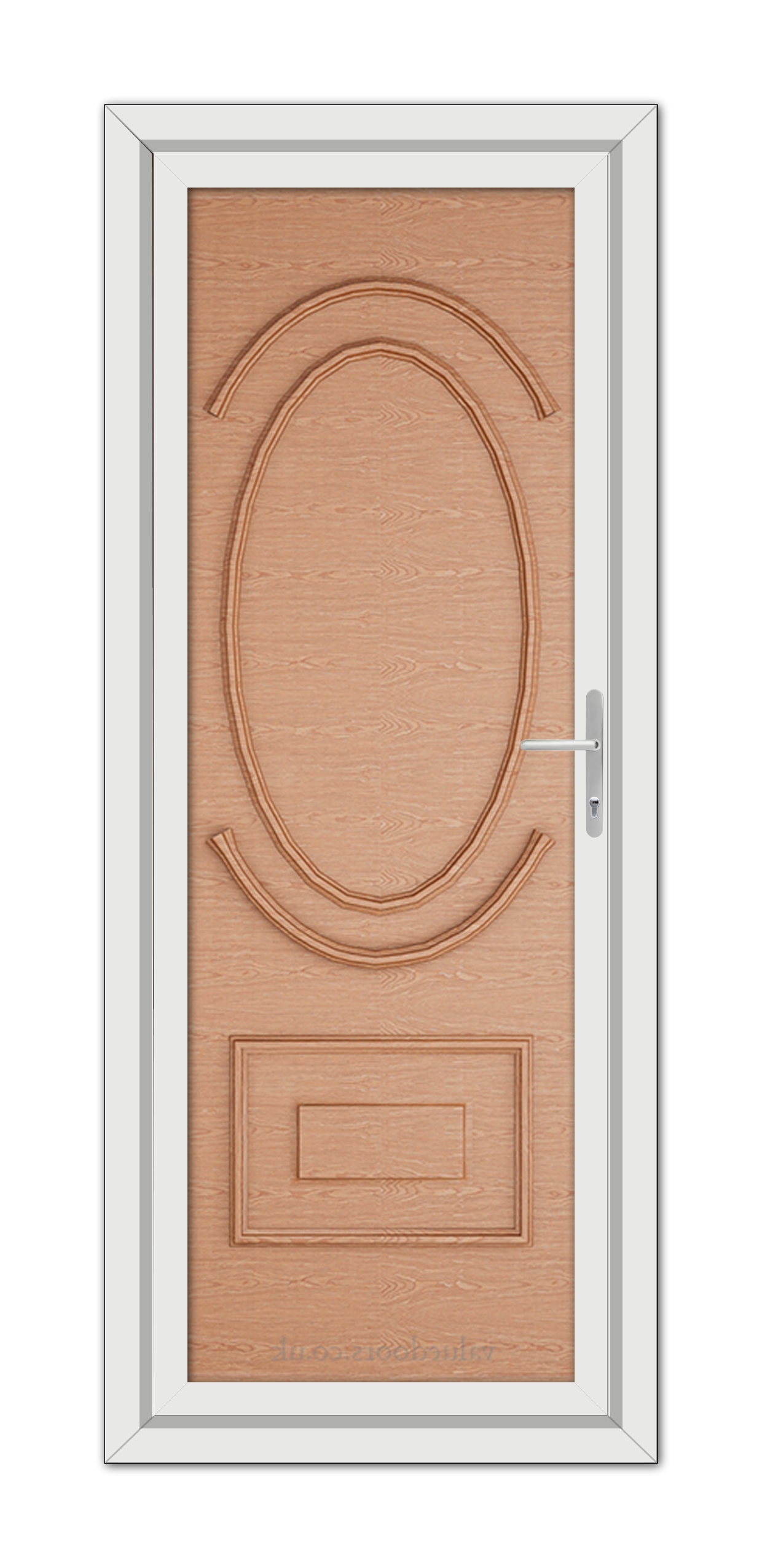 A white Irish Oak Richmond Solid uPVC door with a carved wooden design.