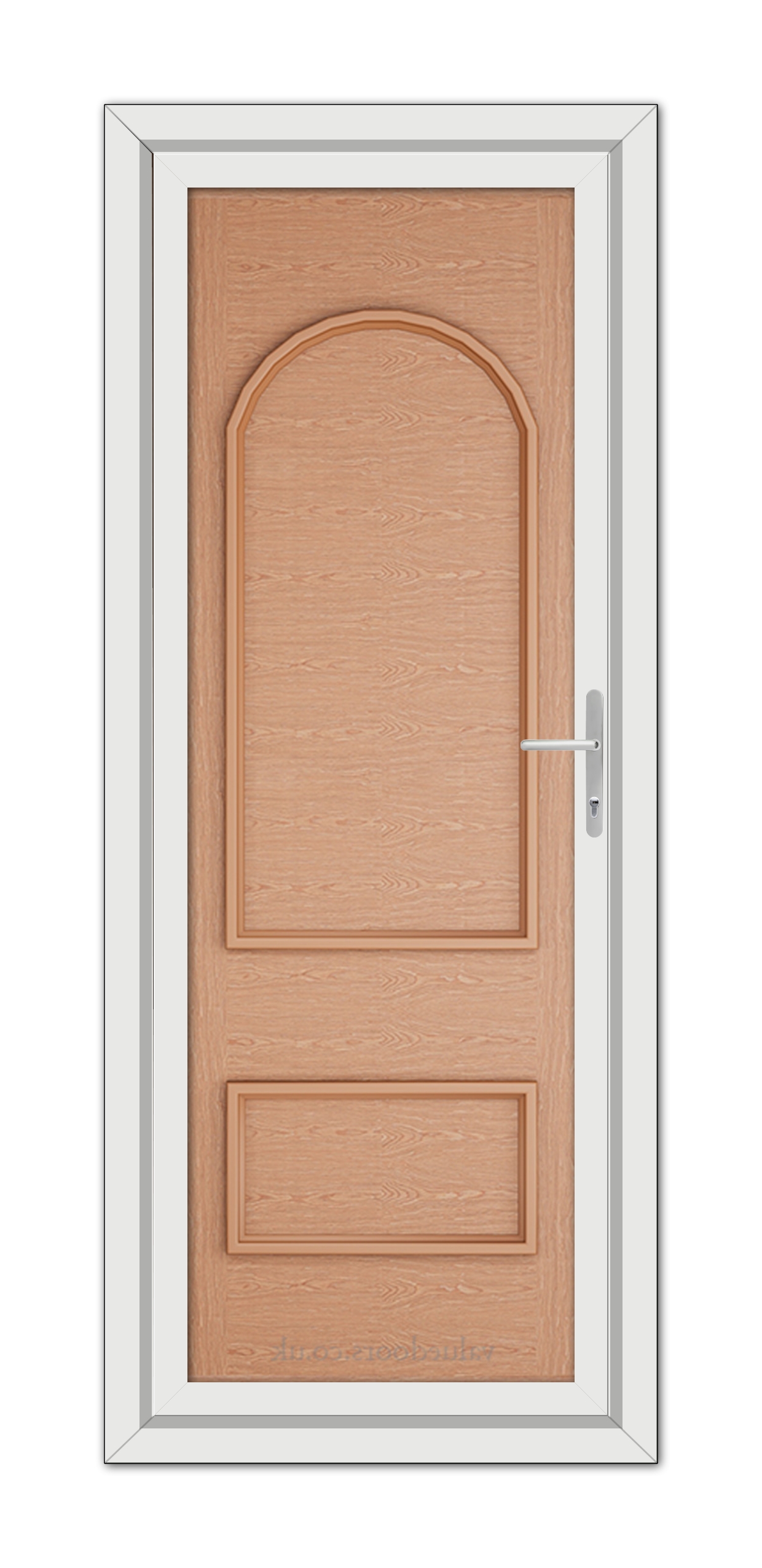 An Irish Oak Rockingham Solid uPVC door with a white frame.