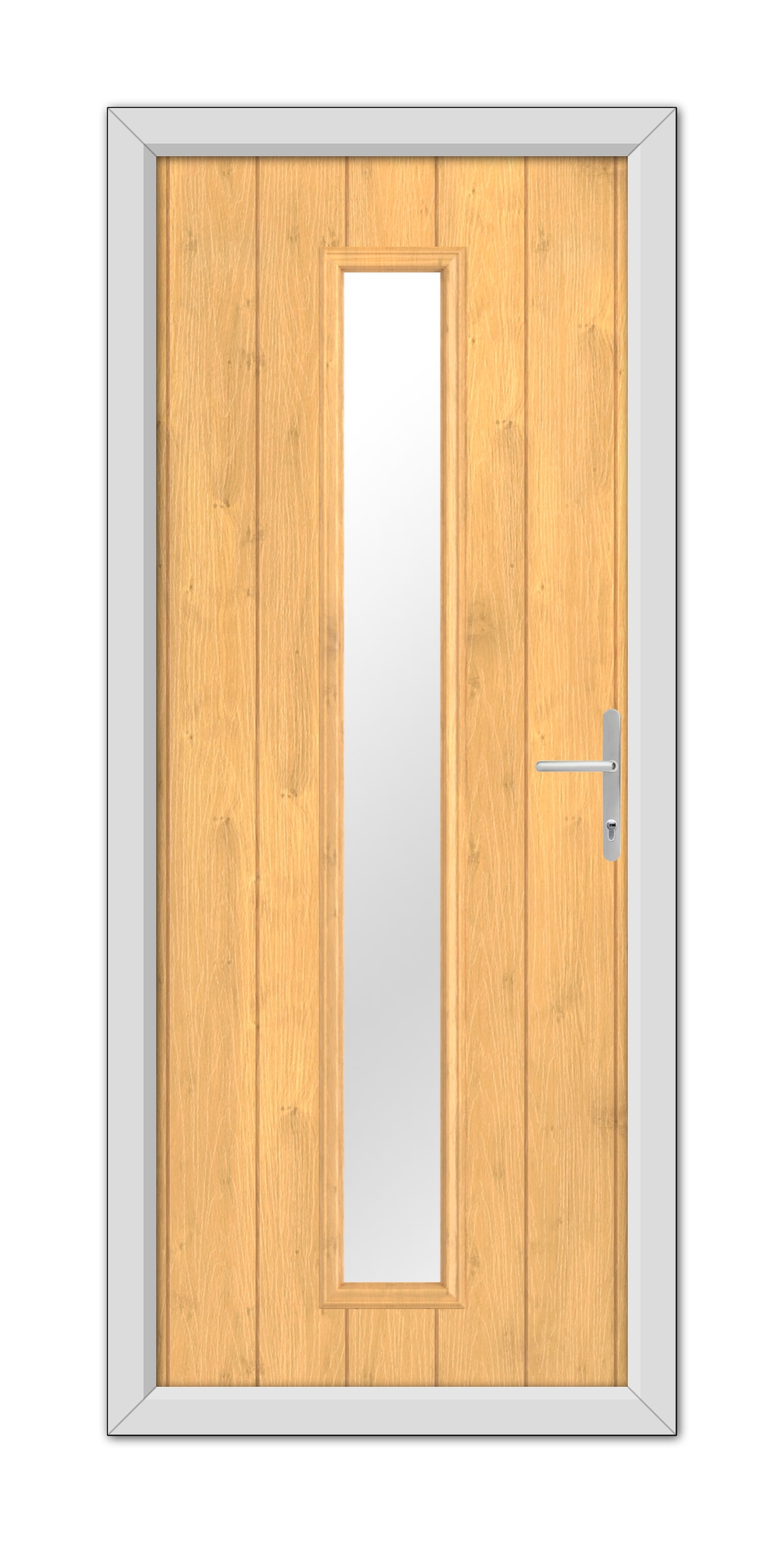 A Irish Oak Rutland Composite Door 48mm Timber Core with a vertical rectangular glass panel, framed in metal, equipped with a modern handle on the right side.
