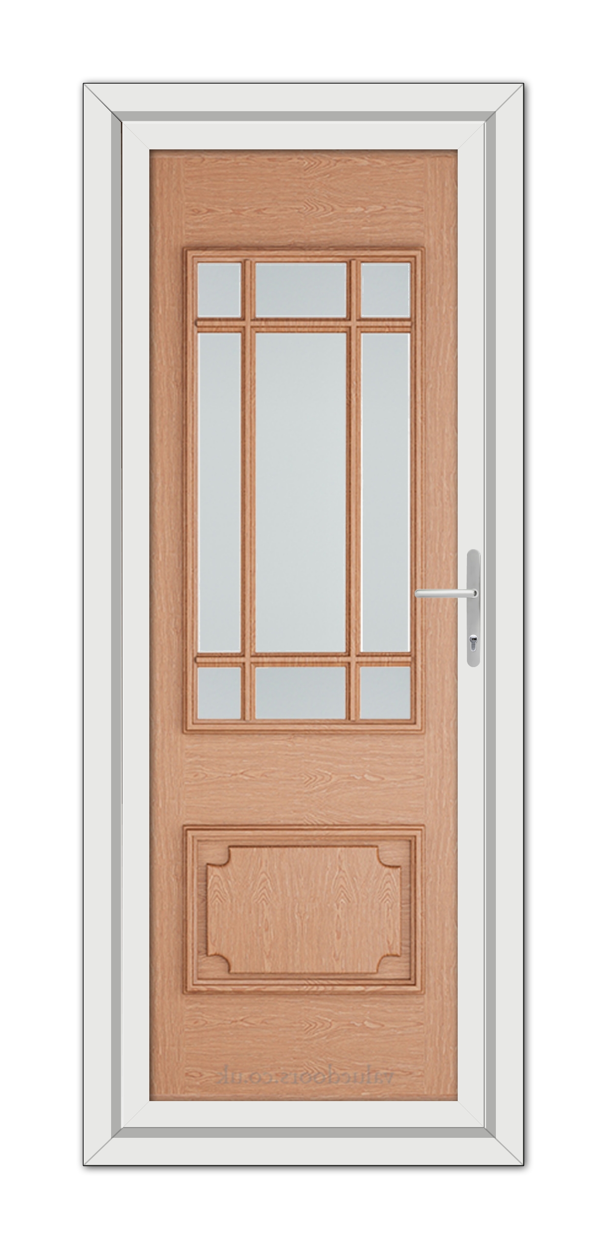 An Irish Oak Seville uPVC Door with glass panels in the upper half, set in a white frame, featuring a metal handle on the right side.