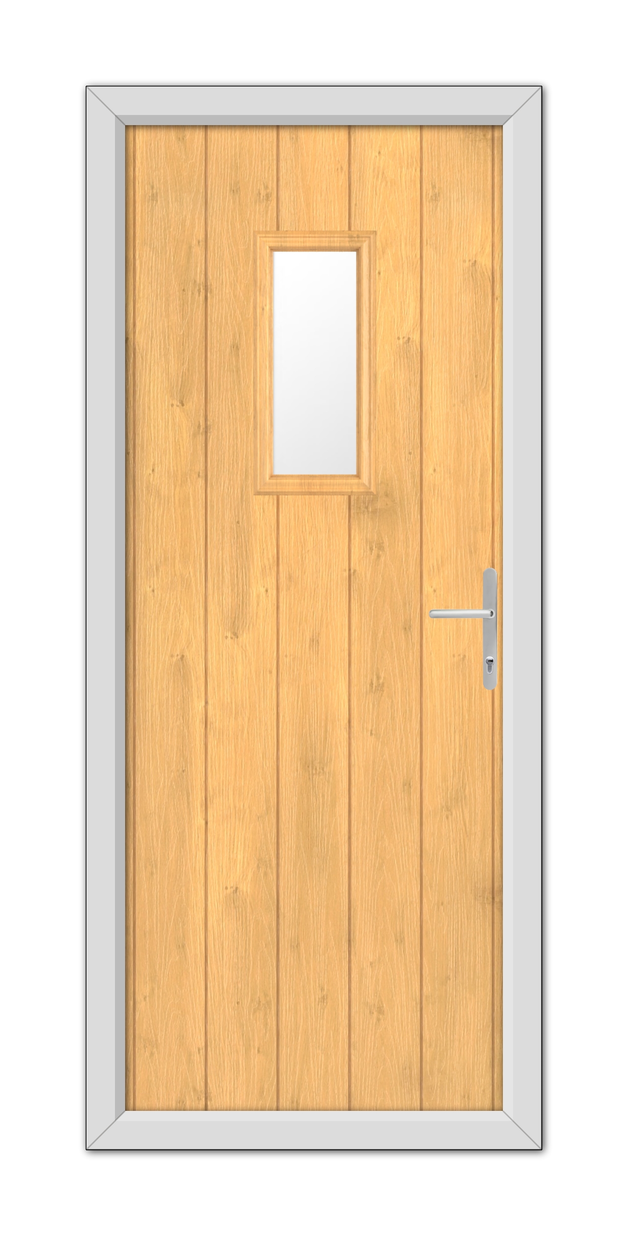 An Irish Oak Somerset Composite Door with a small square window and a metal handle, framed by a grey border.