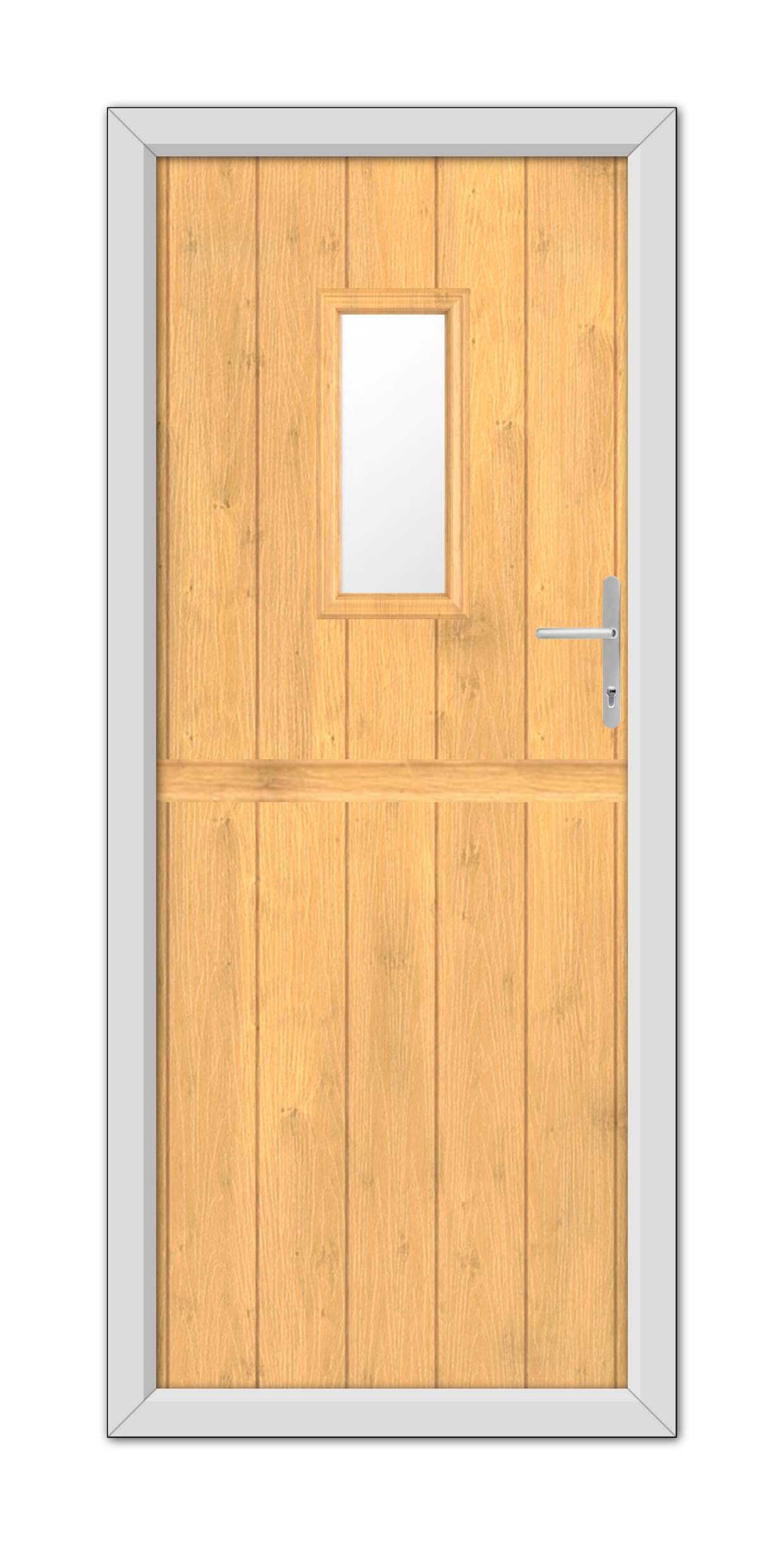 An Irish Oak Somerset Stable Composite Door 48mm Timber Core with a small square window at the top, set within a gray frame, featuring a metallic handle on the right side.