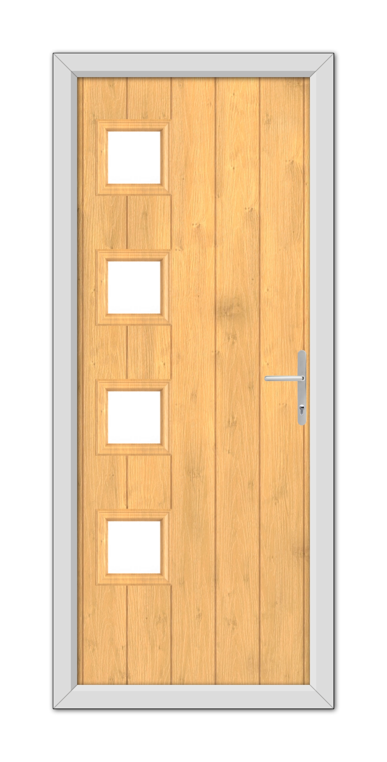 A modern Irish Oak Sussex Composite door with five horizontal glass panels and a metal handle, set within a gray frame, viewed from the front.
