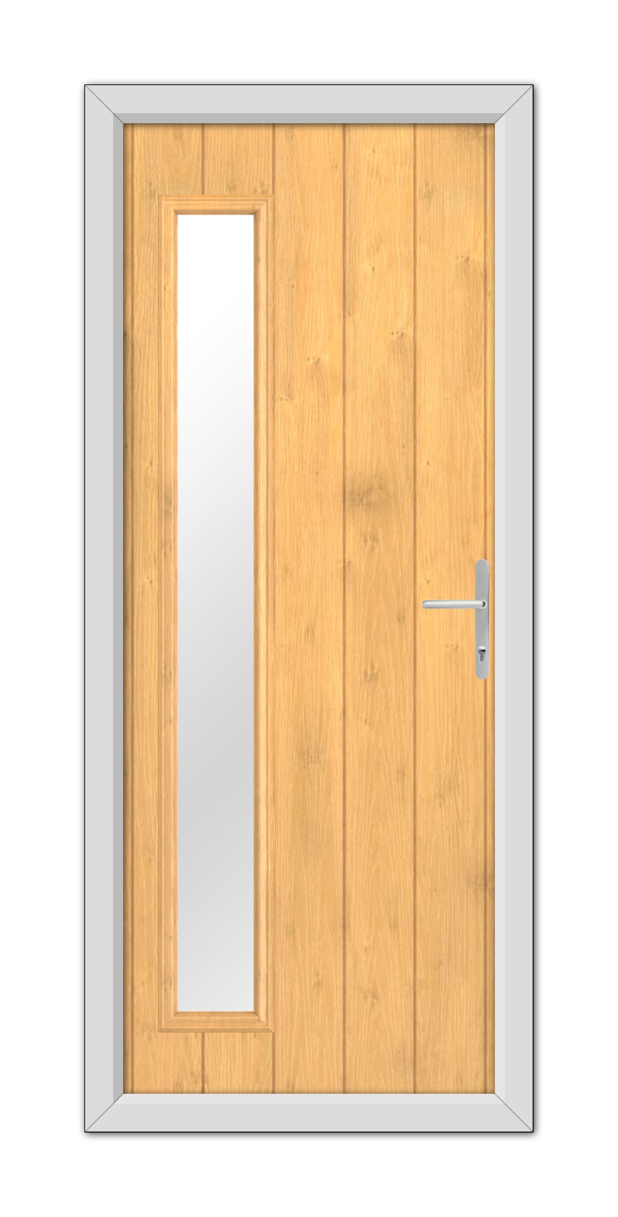 Irish Oak Sutherland Composite Door with a vertical glass panel on the left side and a modern handle, set within a gray frame.