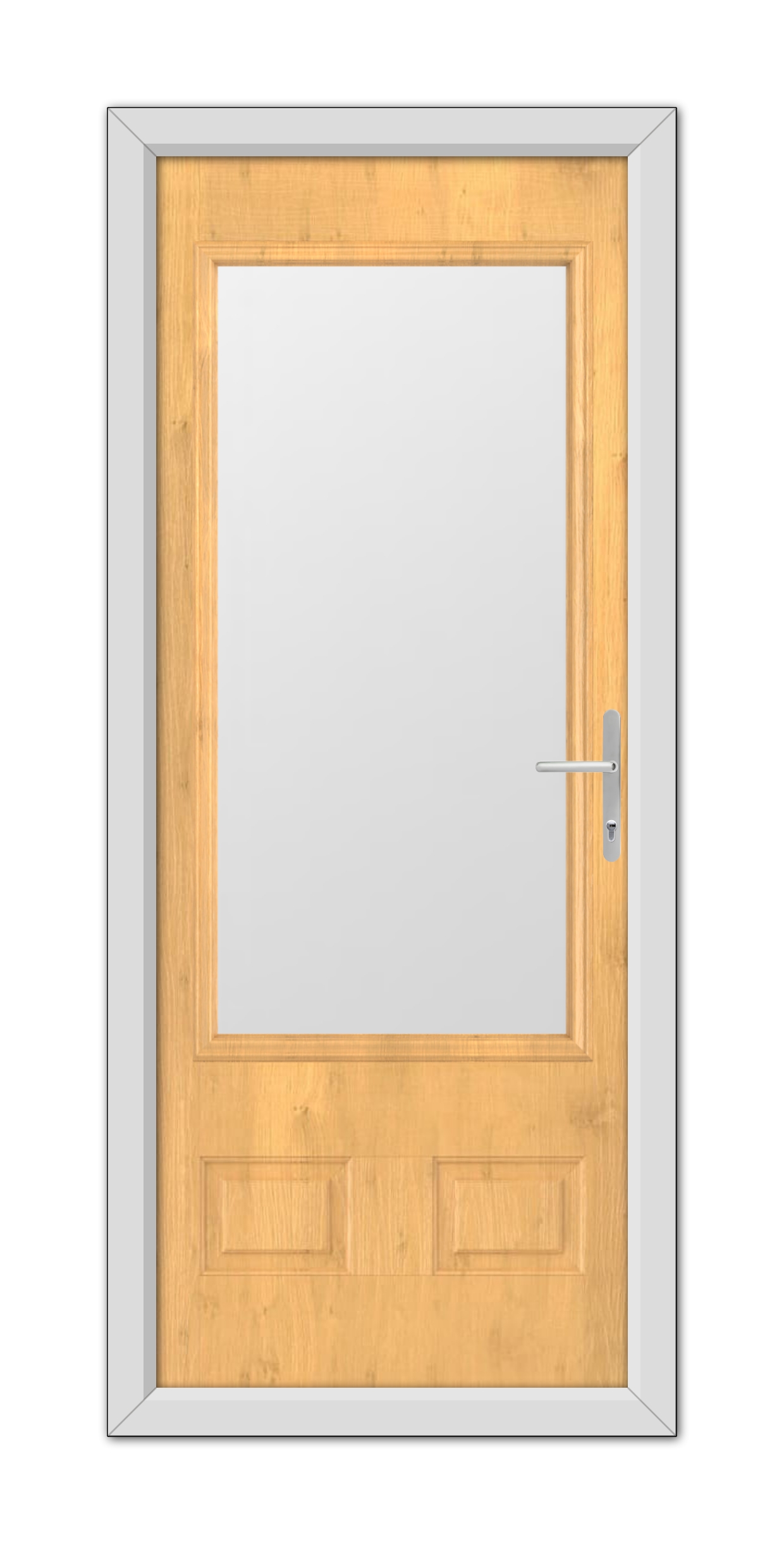 An Irish Oak Walcot Composite Door 48mm Timber Core with a vertical glass panel, framed in white, featuring a modern steel handle on the right side.