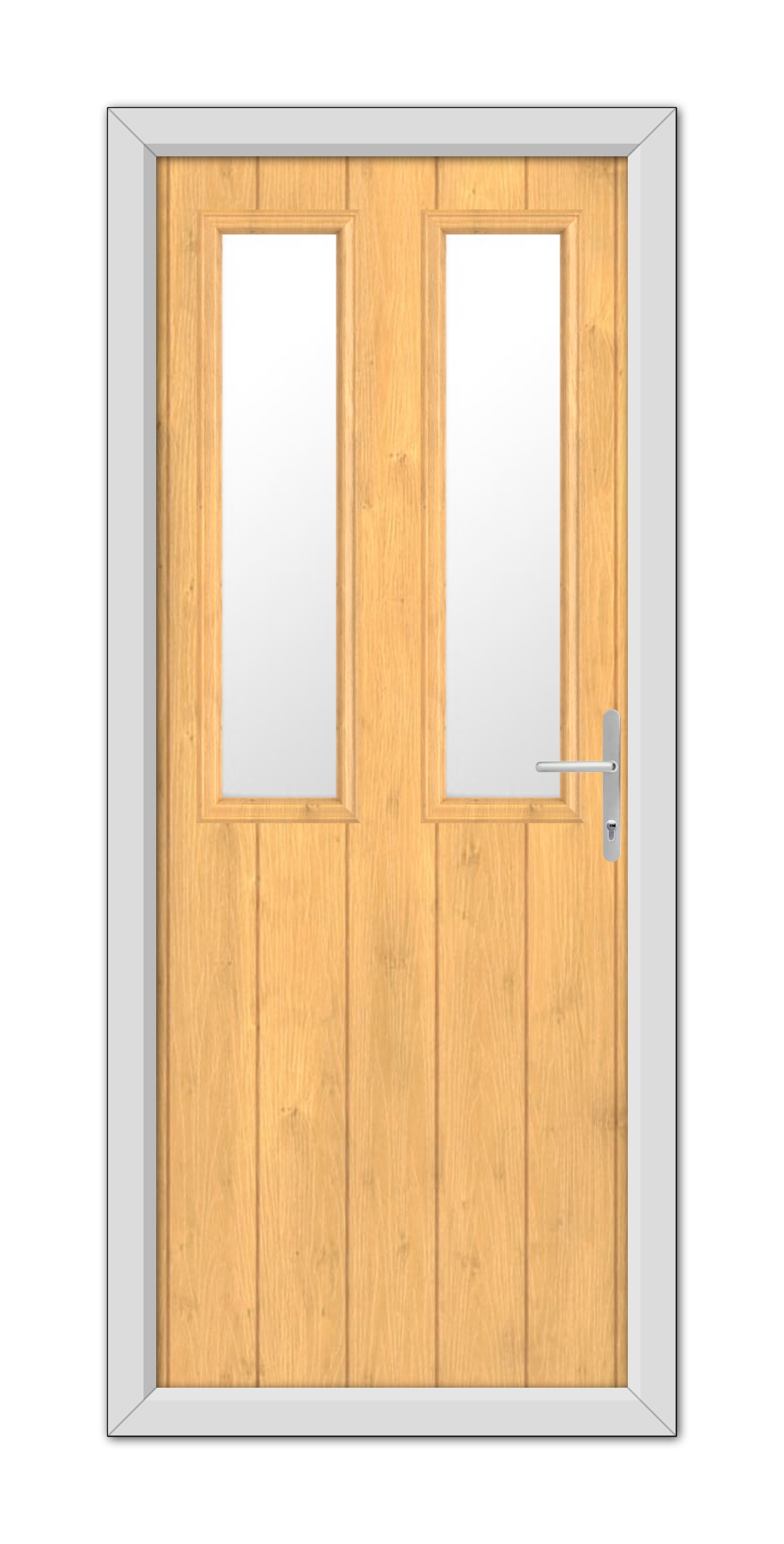 Irish Oak Wellington Composite Door 48mm Timber Core with glass panels, framed in gray, featuring a modern handle on the right door.