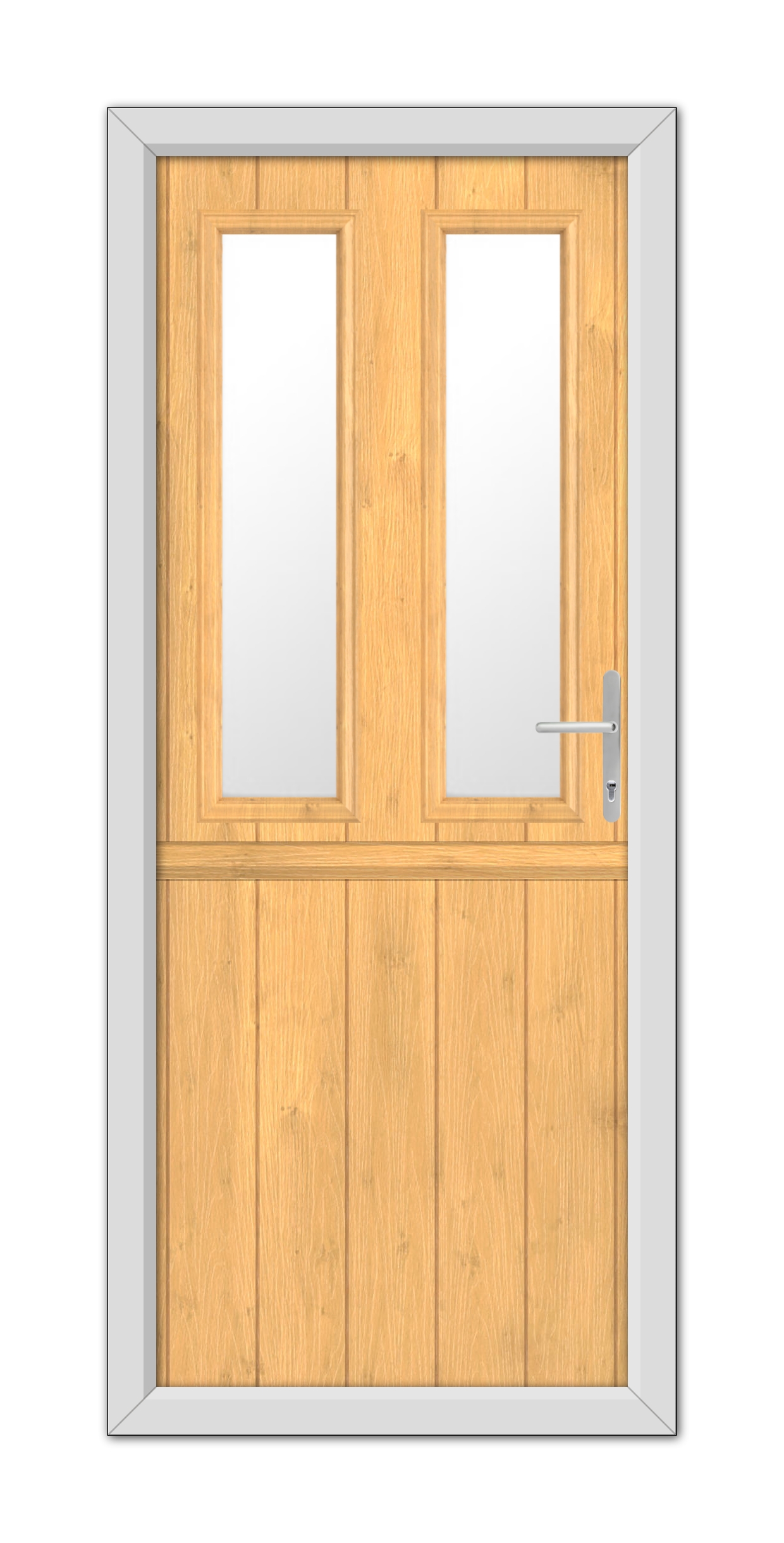 A modern, double Irish Oak Wellington Stable Composite Door 48mm Timber Core with glass panels, framed in gray, equipped with a metallic handle on the right side.