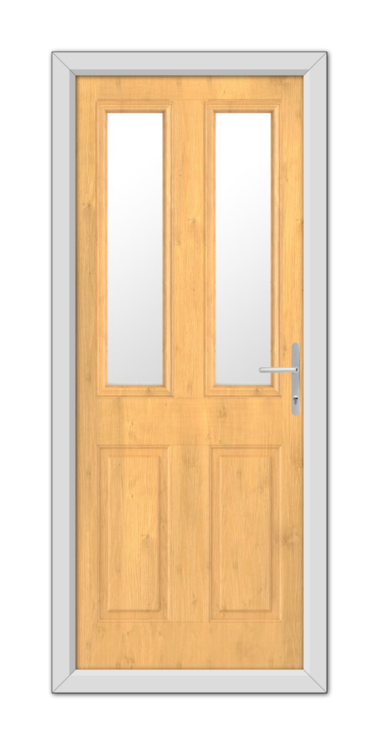 An Irish Oak Whitmore Composite Door 48mm Timber Core with glass panels and a metal handle, set within a gray frame.
