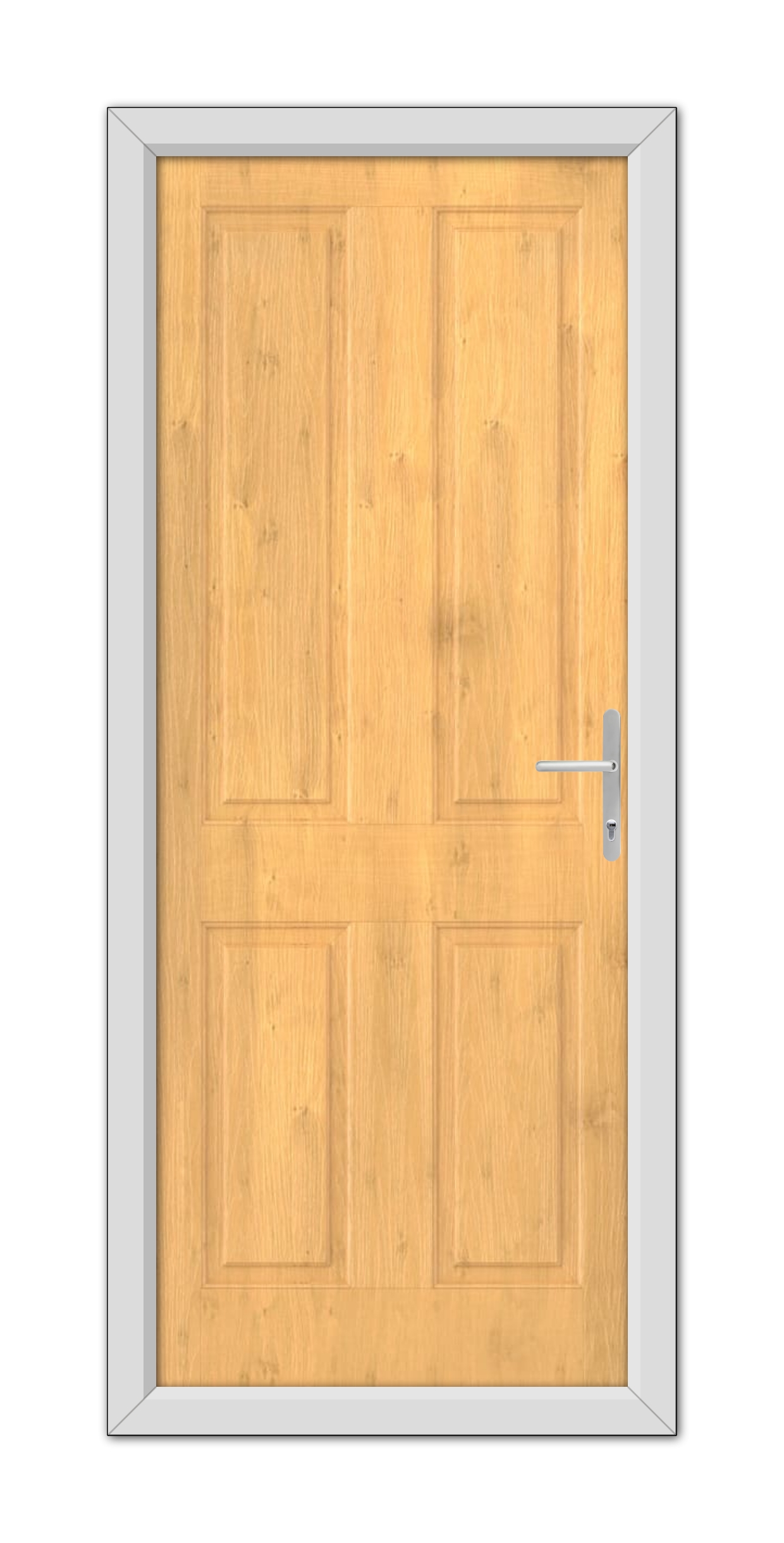 A Irish Oak Whitmore Solid Composite Door 48mm Timber Core with a metallic handle set in a gray frame, viewed head-on.