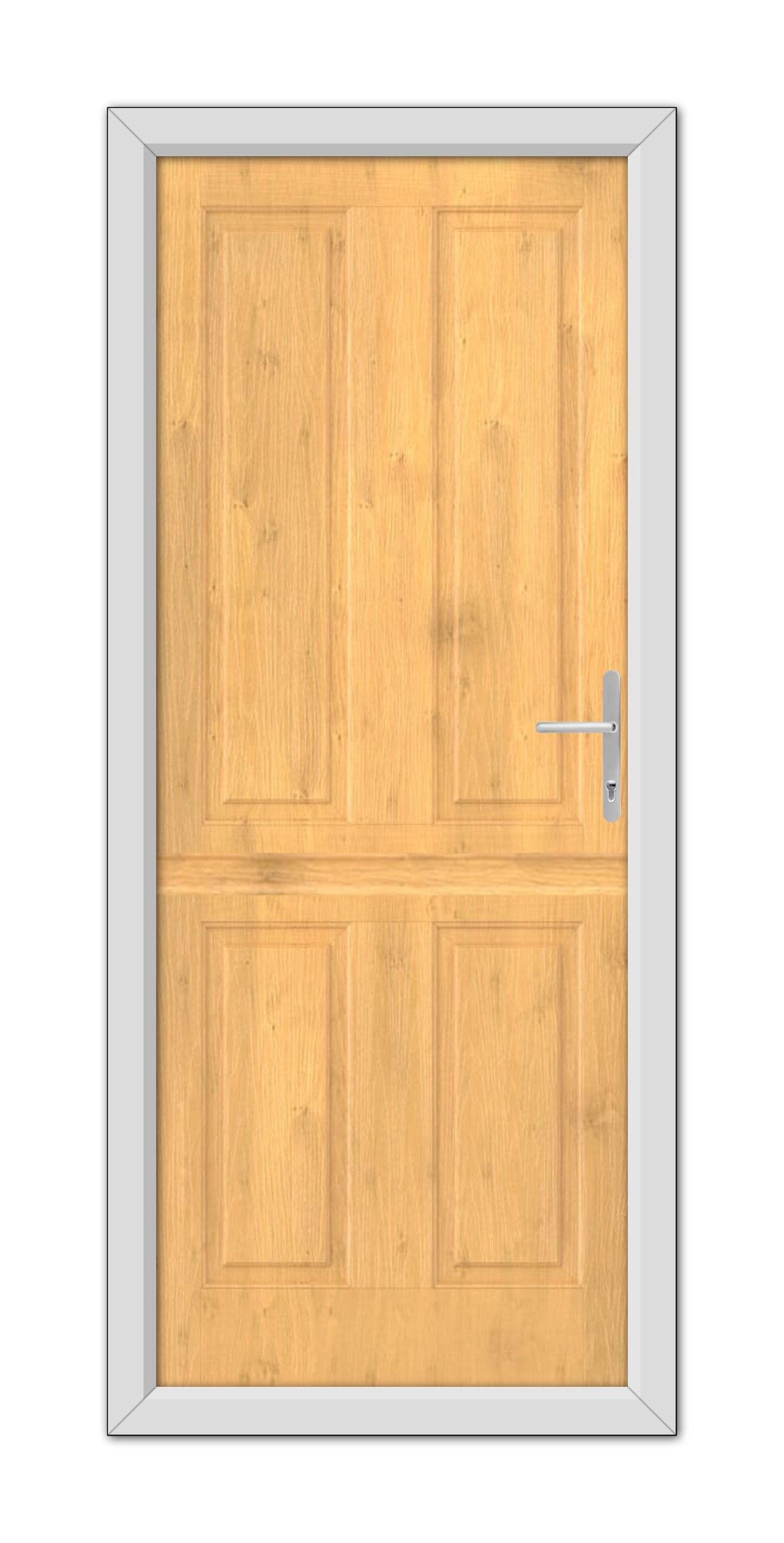 An Irish Oak Whitmore Solid Stable Composite Door 48mm Timber Core with a metal handle, set within a gray frame, viewed frontally.