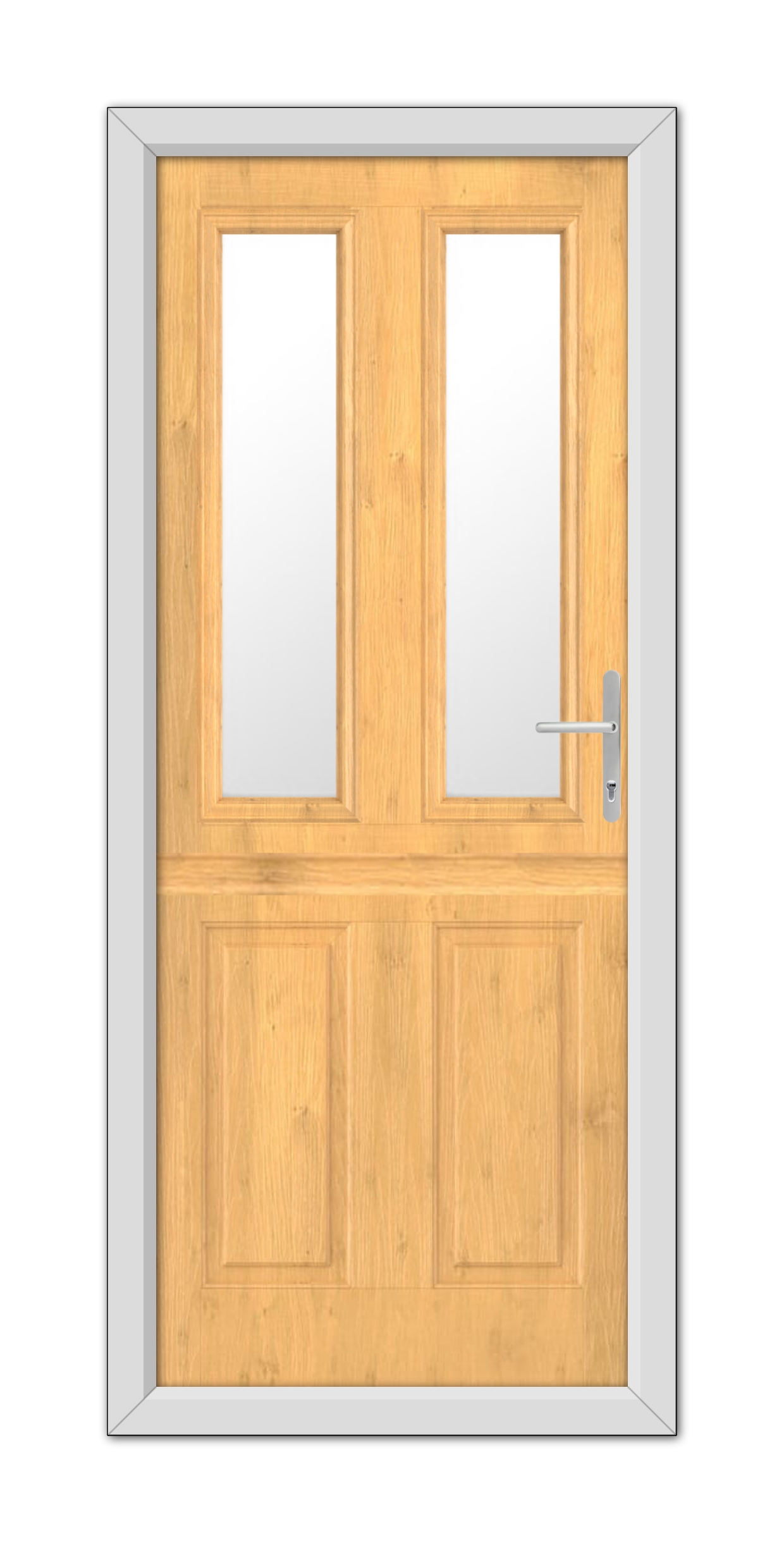 A modern wooden Irish Oak Whitmore Stable Composite Door 48mm Timber Core with glass panels and a metal handle, set in a gray frame, isolated on a white background.