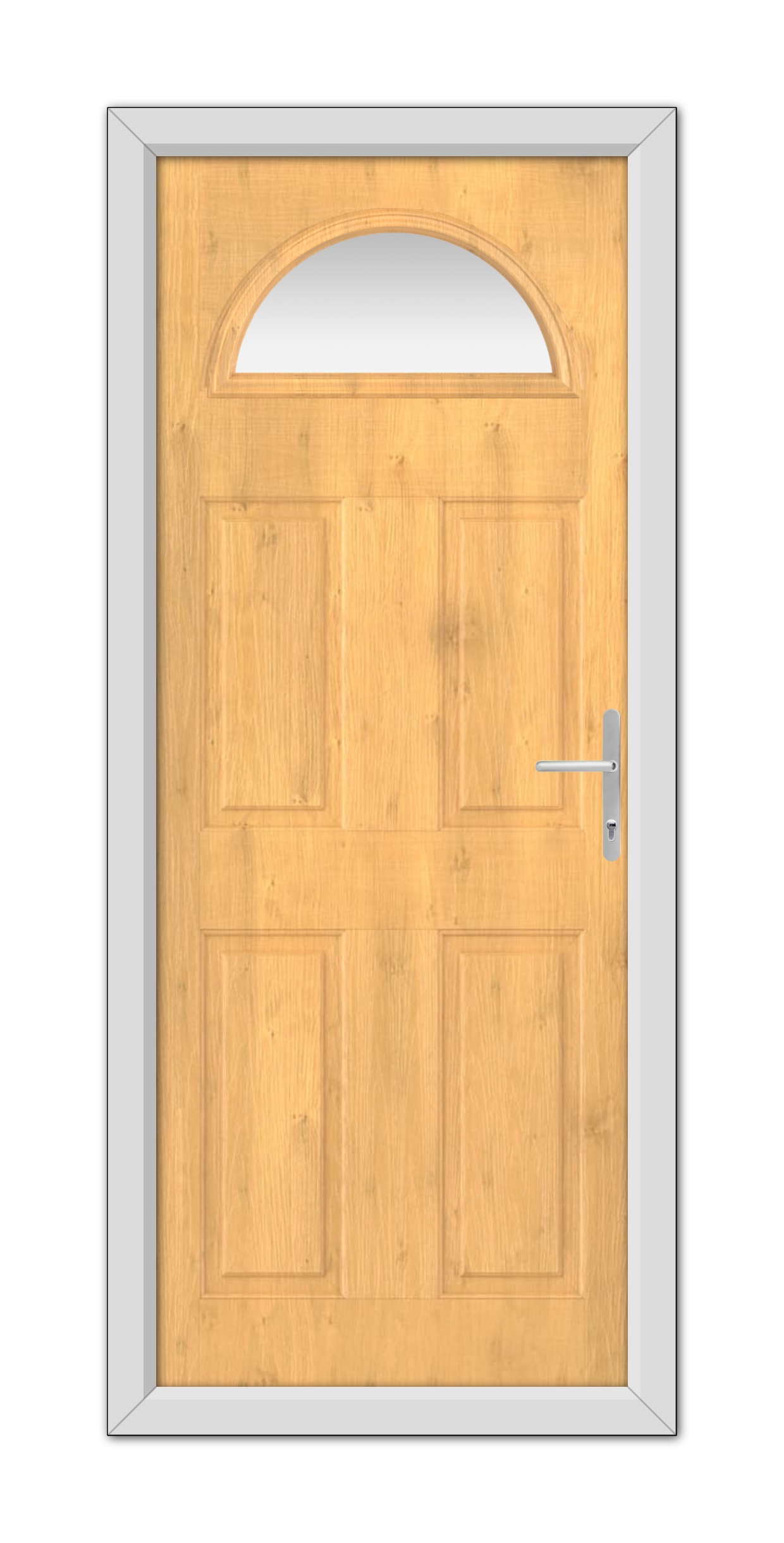 A Irish Oak Winslow 1 Composite Door 48mm Timber Core with an arched window at the top and a metallic handle, set within a gray frame.