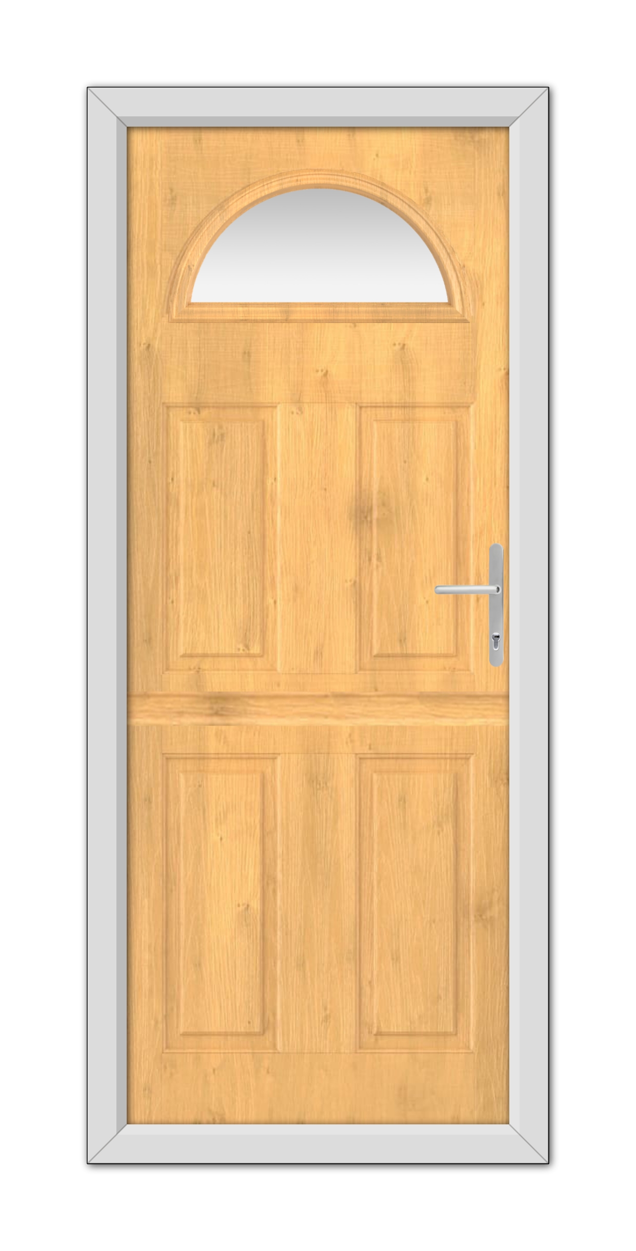 An Irish Oak Winslow 1 Stable Composite Door 48mm Timber Core with an arched window at the top, fitted with a metal handle, set within a grey frame.