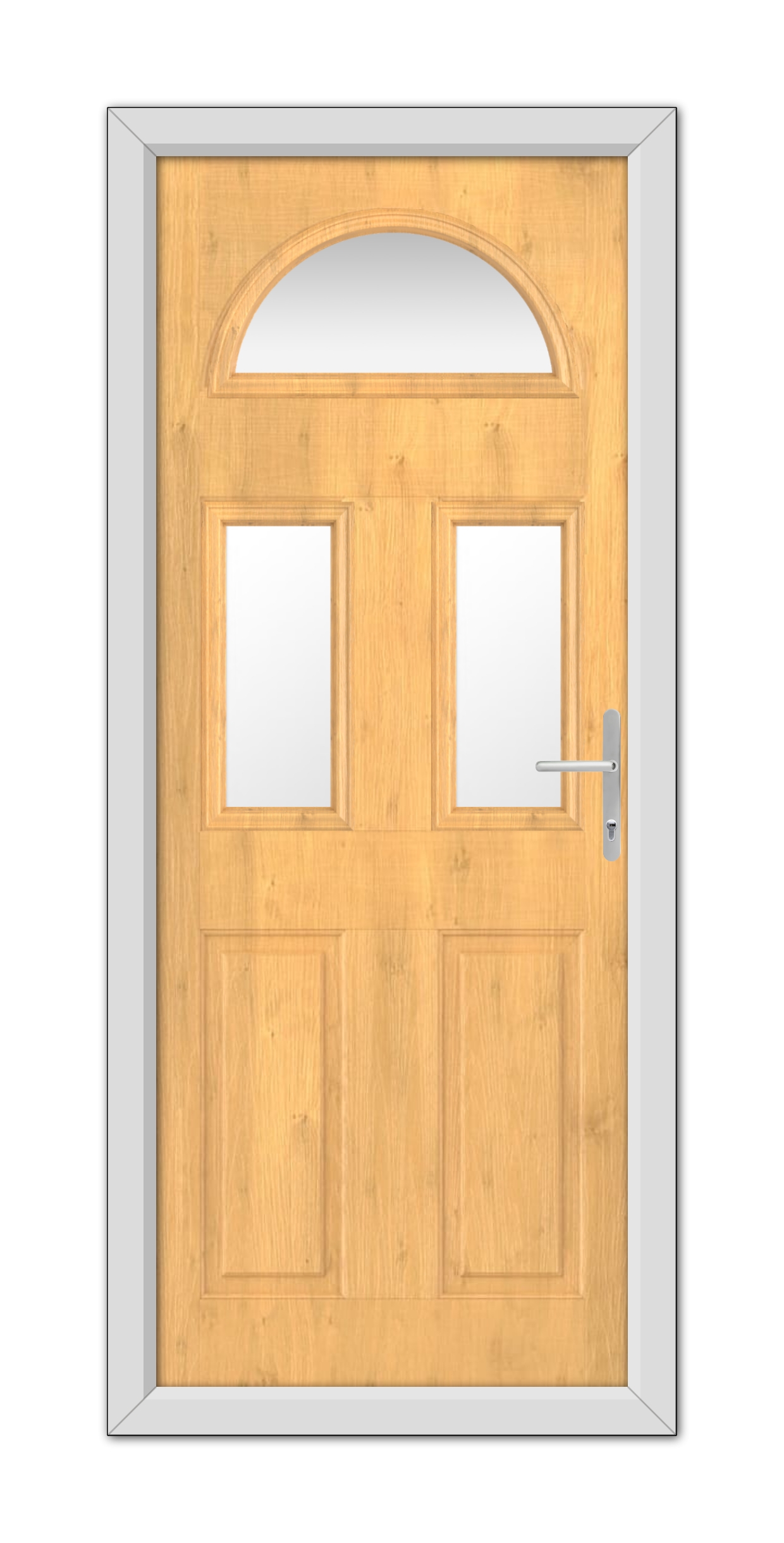 Irish Oak Winslow 3 Composite Door 48mm Timber Core with an arched window at the top and two square windows, featuring a modern handle, framed in a white doorframe.