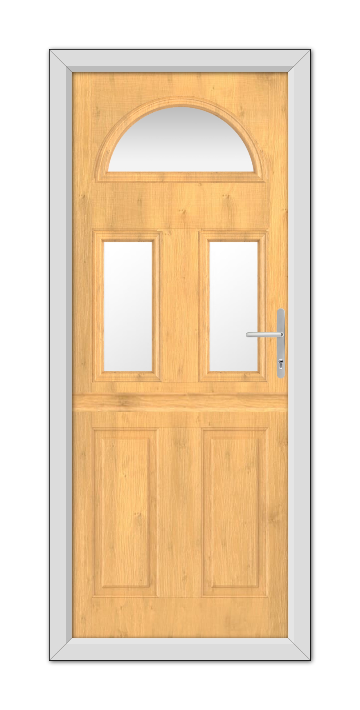 An Irish Oak Winslow 3 Stable Composite Door 48mm Timber Core with a semicircular arch window at the top, two square windows in the center, and a metal handle on the right side, set in a gray frame.
