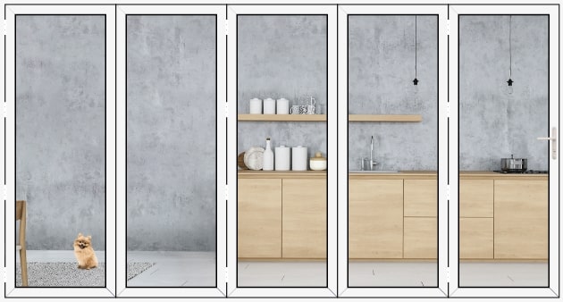 Five-panel image of a minimalist kitchen with wooden cabinets and a concrete wall. a small dog sits on a rug in the leftmost panel.