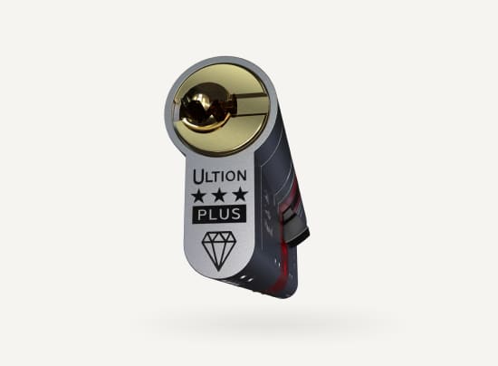 A high-security door cylinder lock with a reflective gold-colored core and a label reading "ultion plus" surrounded by five star symbols.