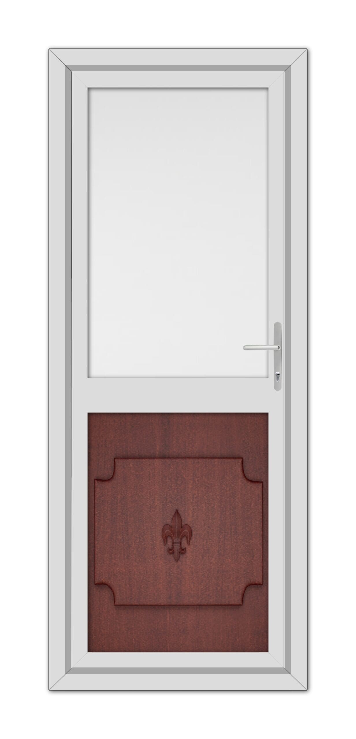 A Mahogan Abbey Half uPVC Back Door with a white frame, featuring a wooden panel embossed with a fleur-de-lis design and a simple metallic handle.