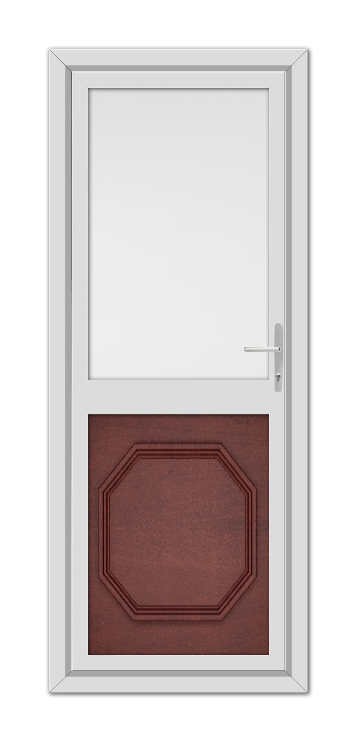 A Mahogan Buckingham Half uPVC Back Door with a white frame, featuring a small upper window and a larger lower octagonal brown panel, equipped with a silver handle.